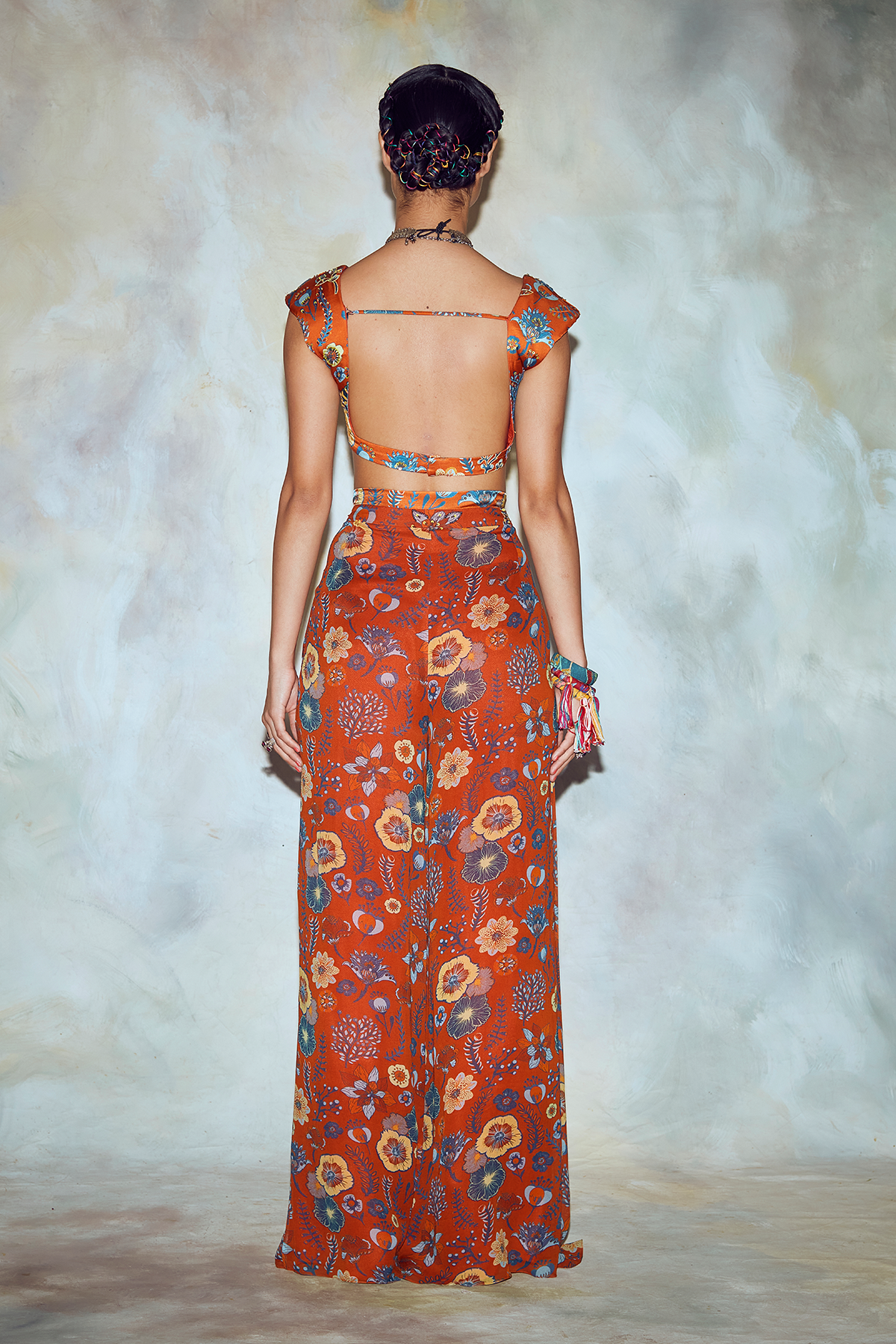 Rust Jaal Print Crop Top Set