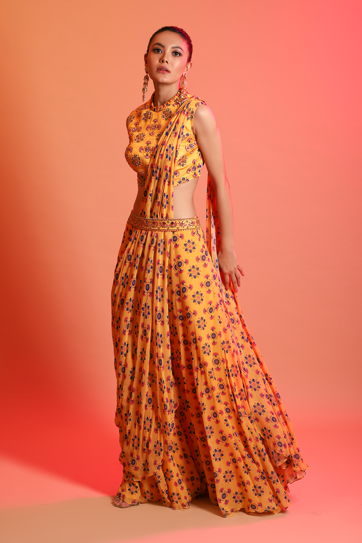 Mustard Mix Butta Highlighted Ruffle Neck Blouse With Printed Mix Butta Sharara Saree & Leather Embroidered Belt