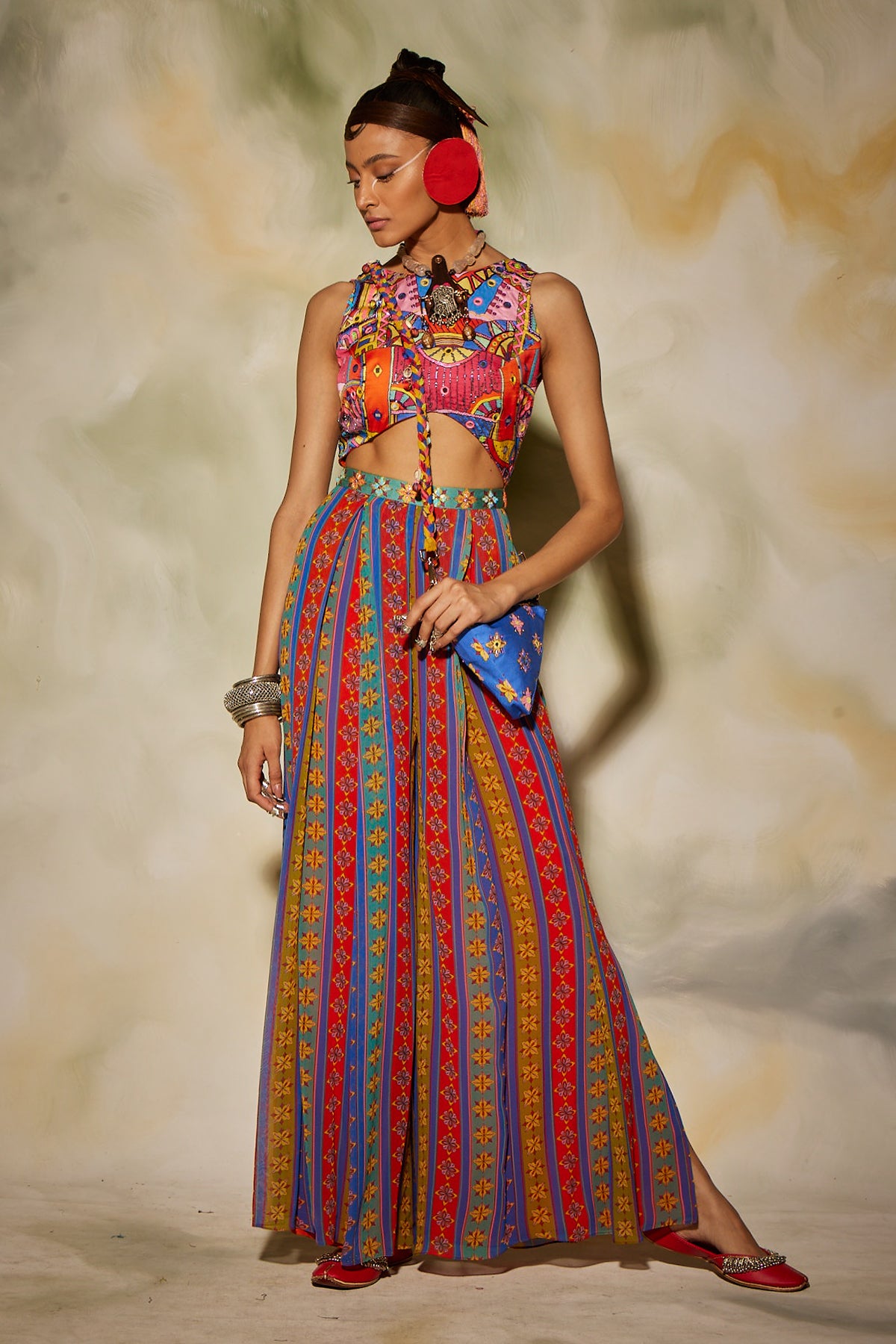 Multicolor stripe printed jumpsuit with sling bag