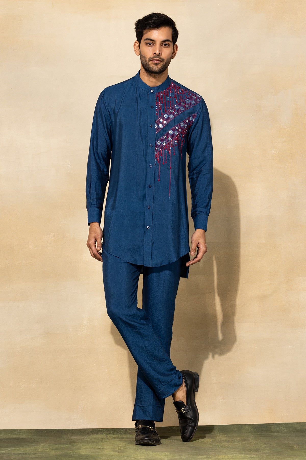 INDIGO BLUE MIX EMBROIDERED KURTA SHIRT & LONG JACKET
