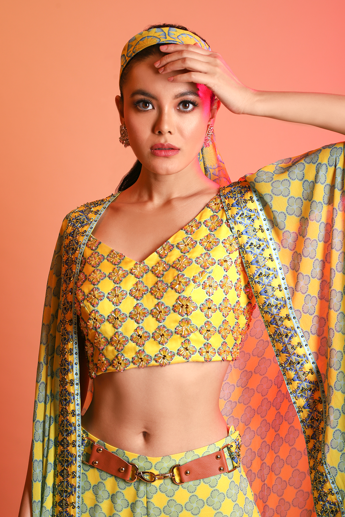 Yellow- Sky Blue Crystal Printed V Neck Embroidered Blouse With Butta Printed Garara & Fan Printed Sharara