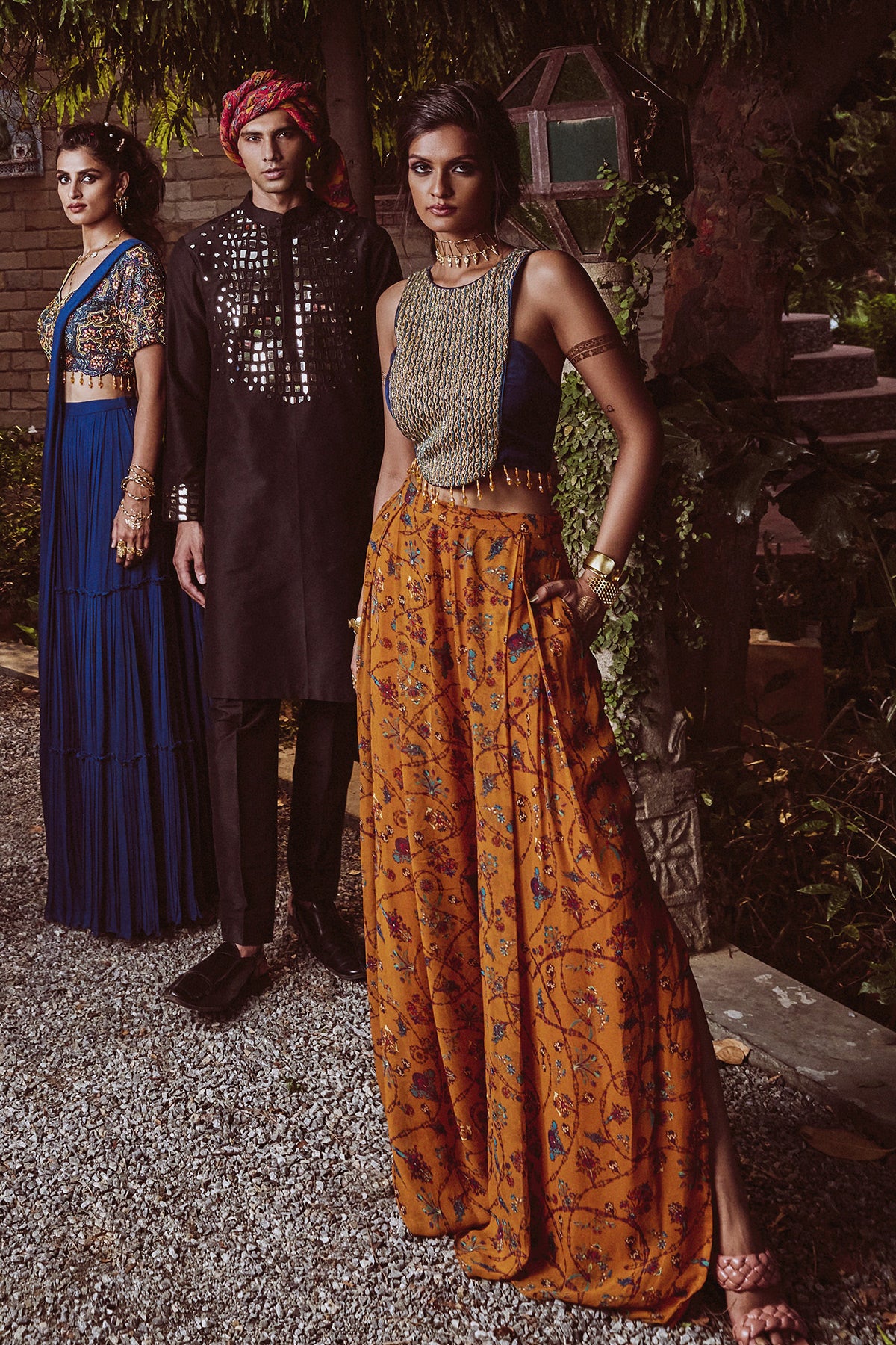 Blue Cord & Cutdana Crop Top With Yellow Bale Printed Box Pleated Pants
