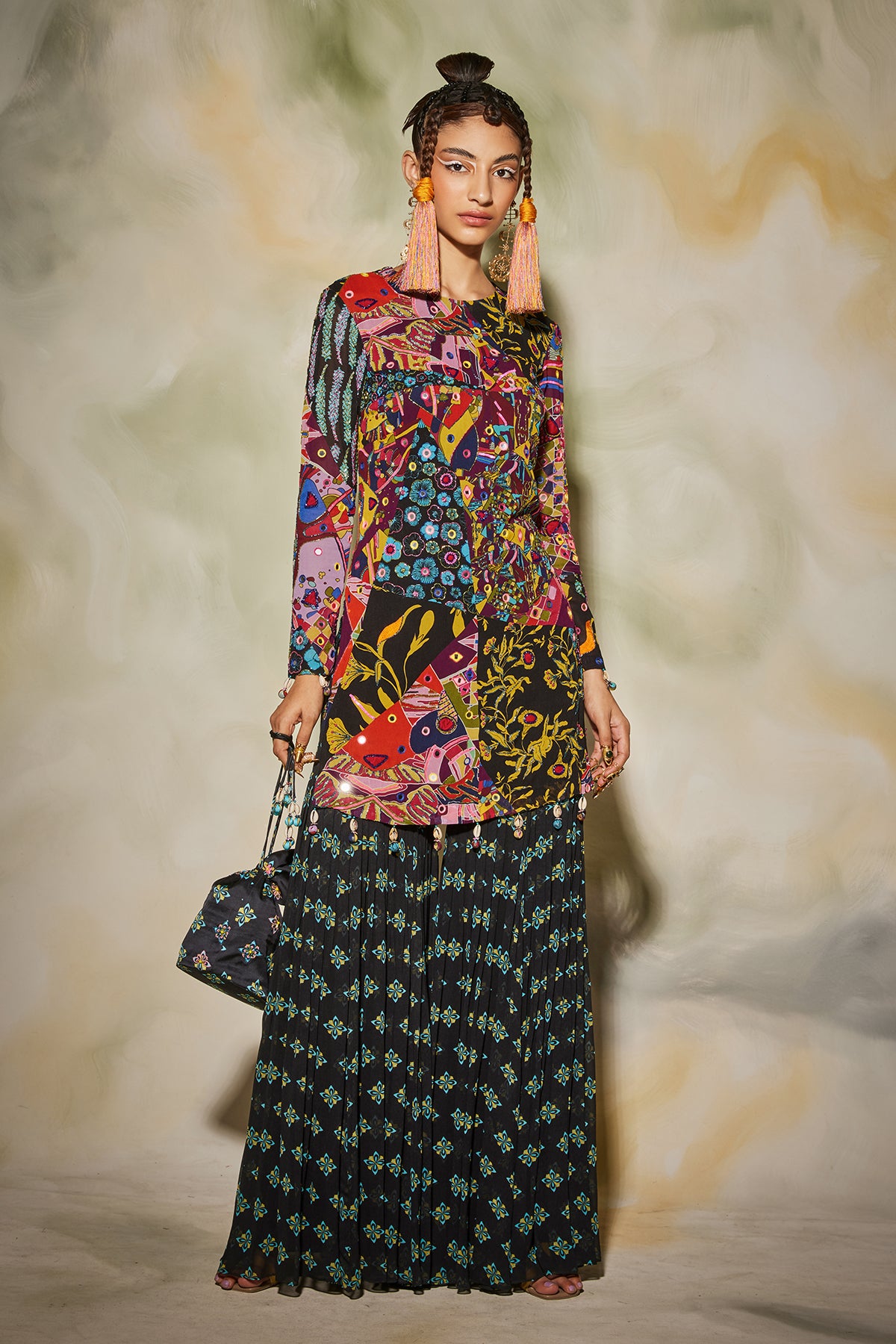 Yellow & Blue Aztec Print Kurti Gharara Set