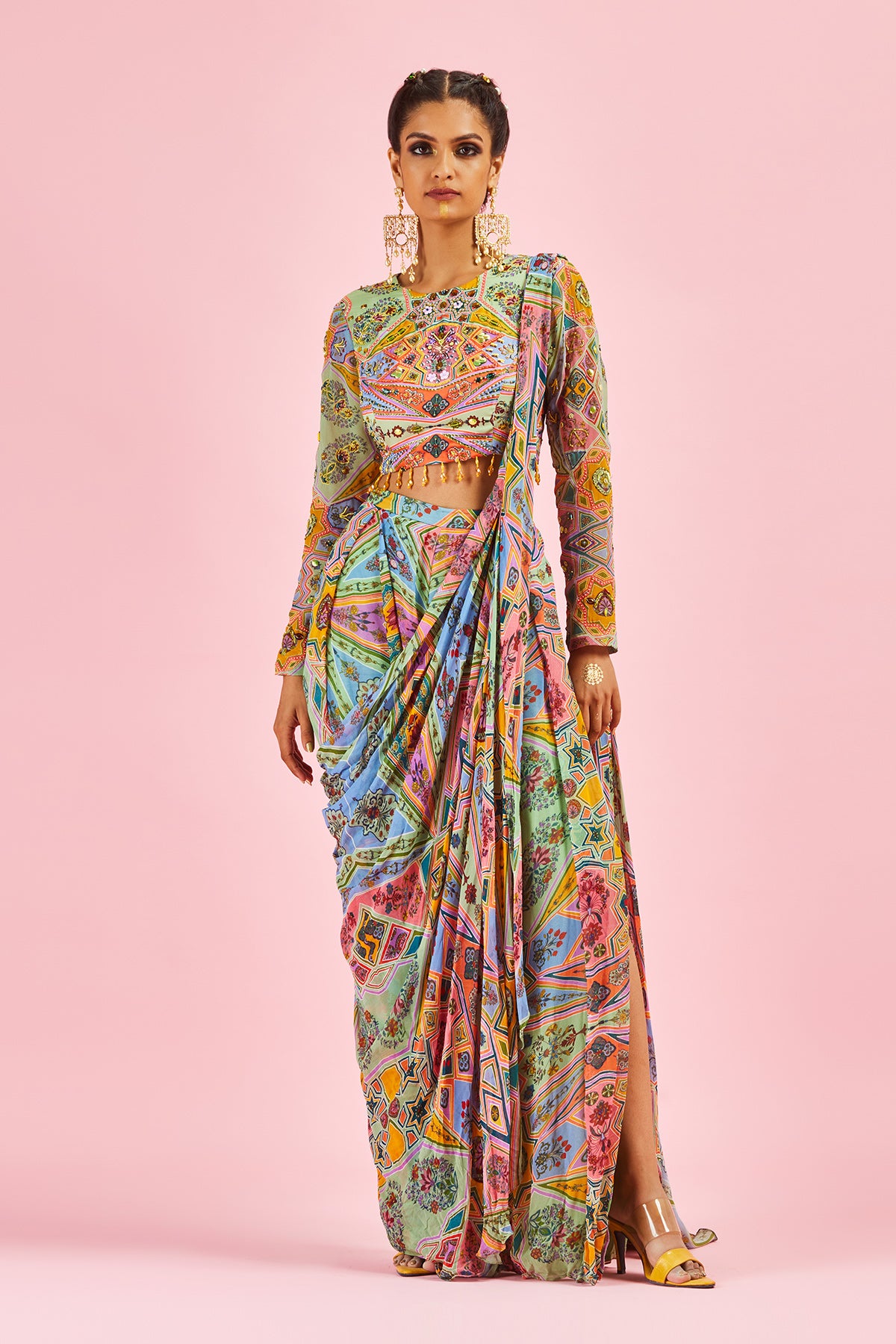 Pastel Yellow Blouse With Pleated Side Slit Open Sari