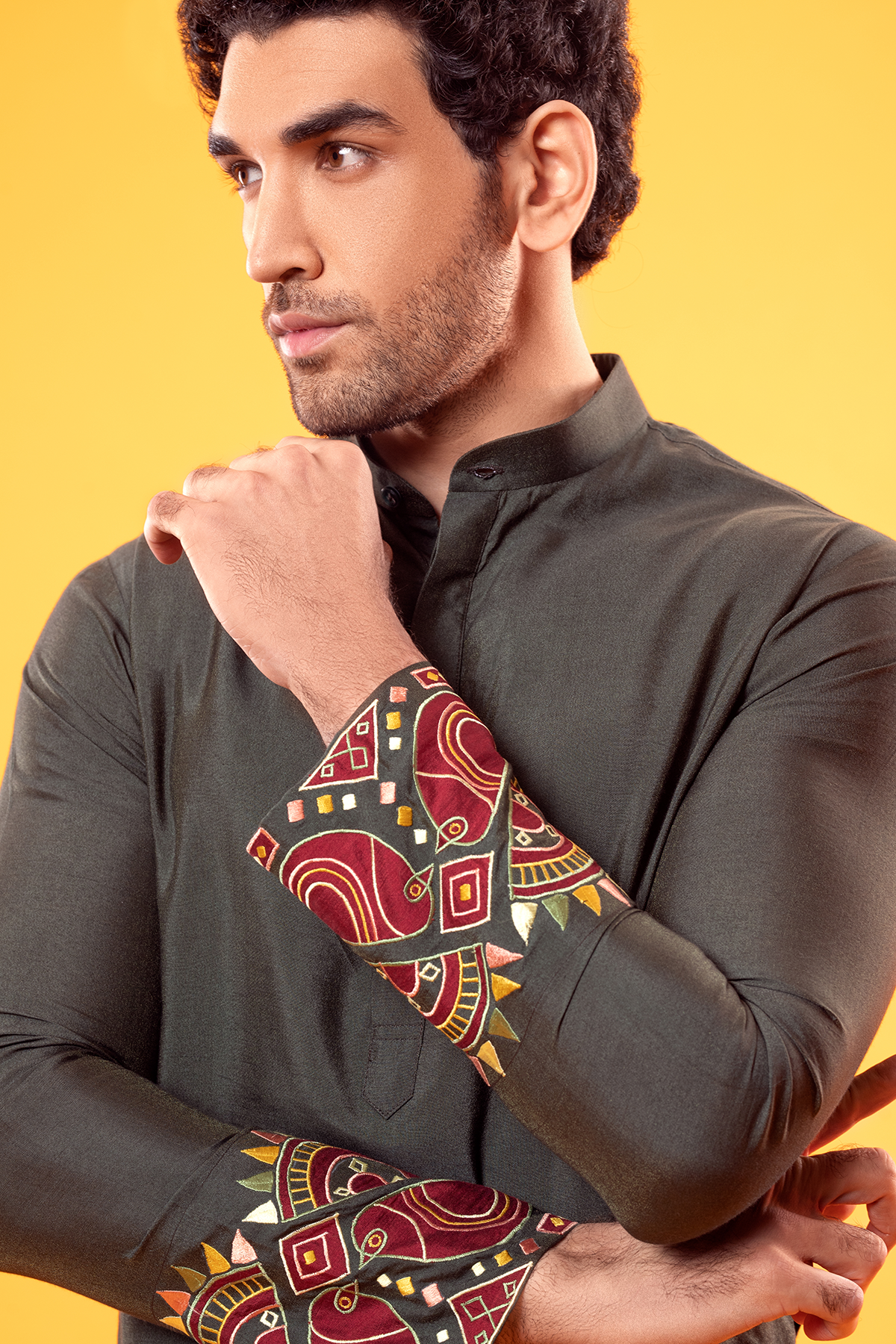 Olive Green Multi Colour Embroidery Kurta