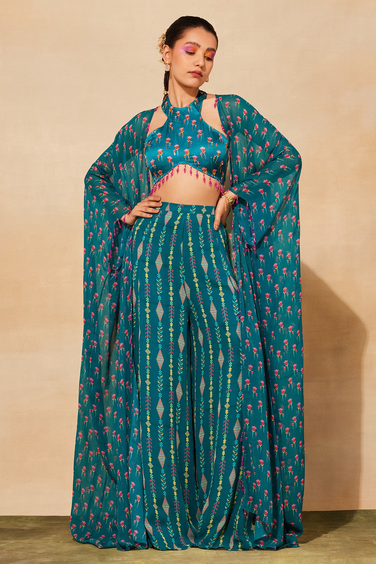 TEAL BLUE PRINT & EMBROIDERED  CAPE SET