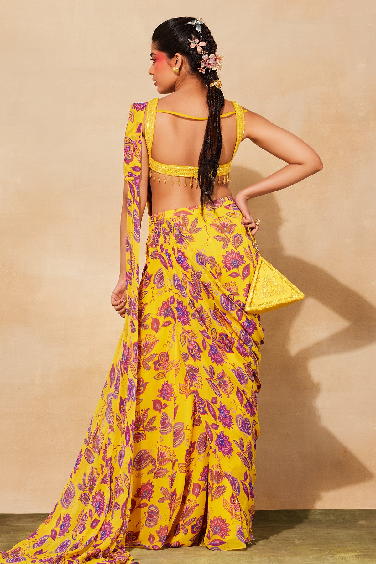 YELLOW DIAMOND EMBROIDERED & PRINTED SAREE SET