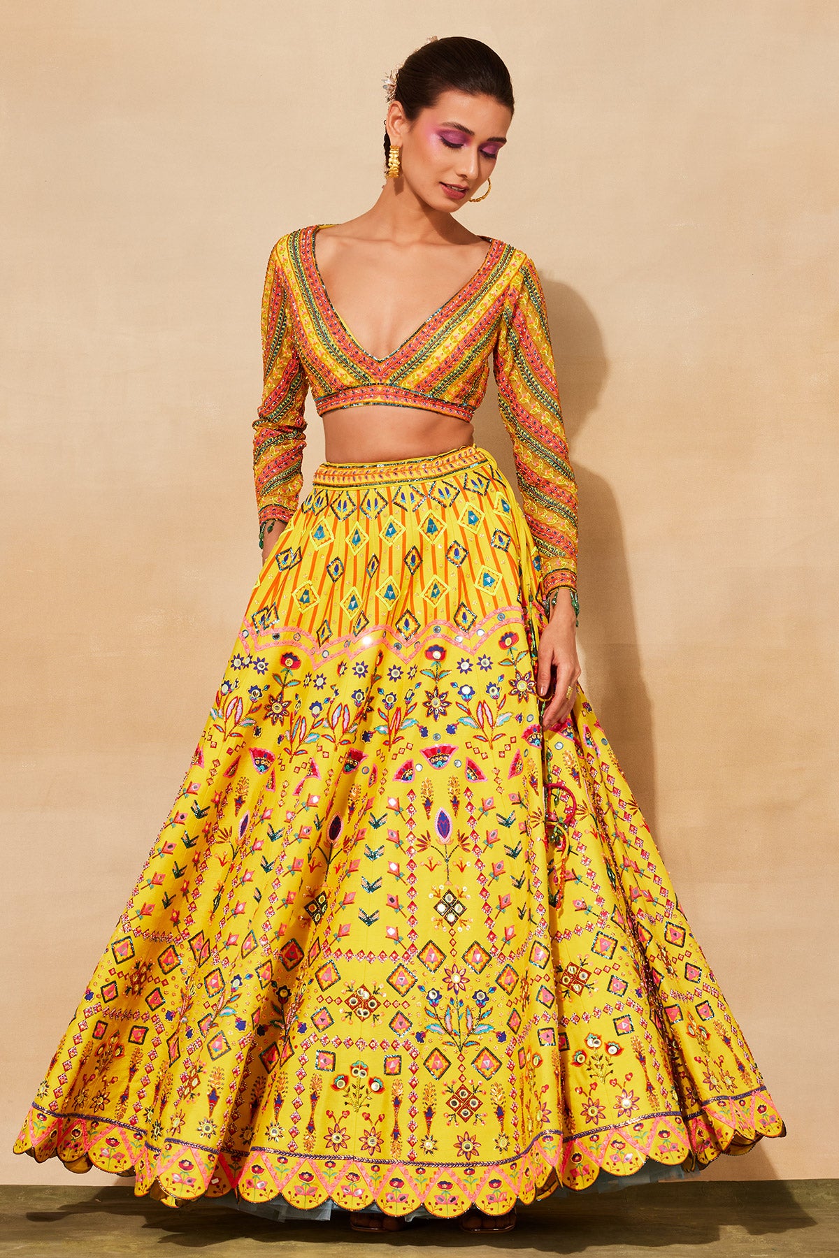 YELLOW PRINT & EMBROIDERED LEHENGA SET