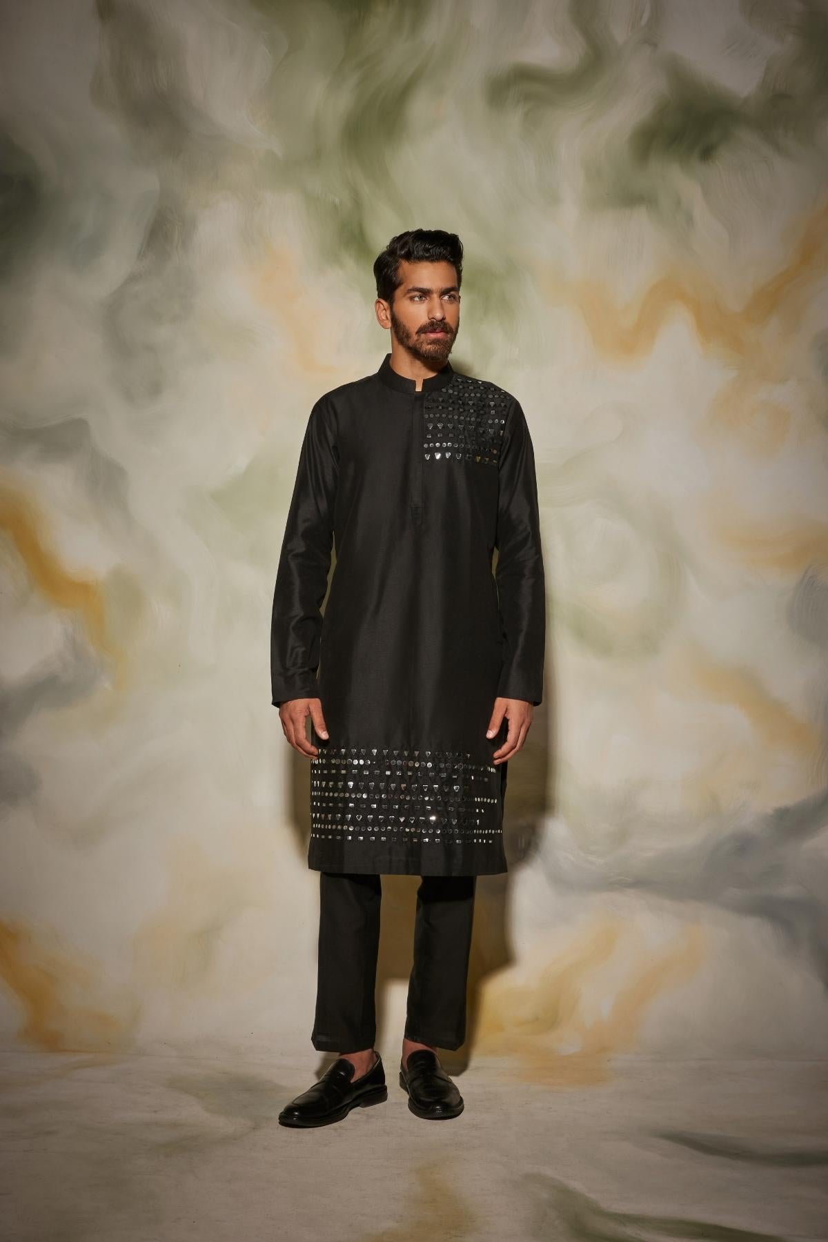 Black Self On Self Acrylic and thread one side Embroidered Kurta