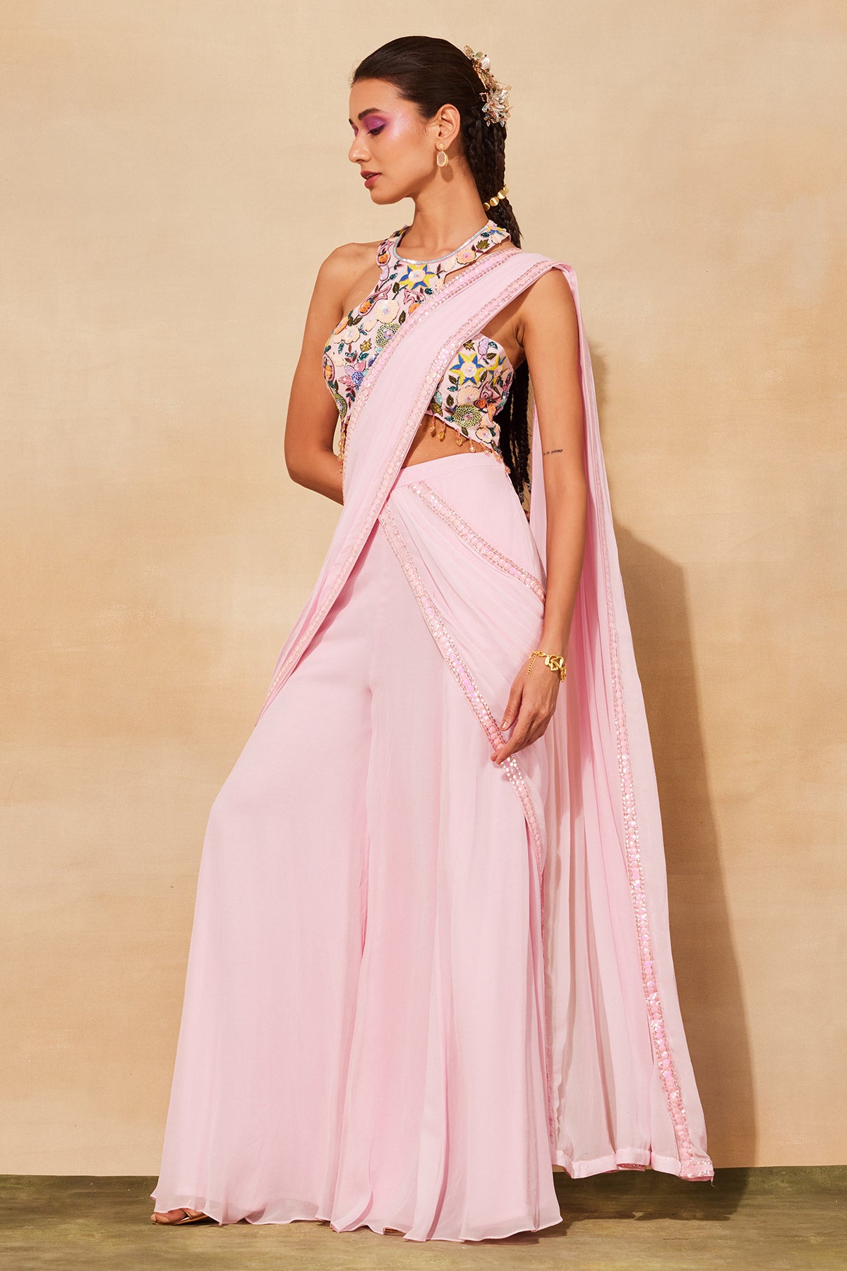 BLUSH PINK FLORAL EMBROIDERED SAREE SET