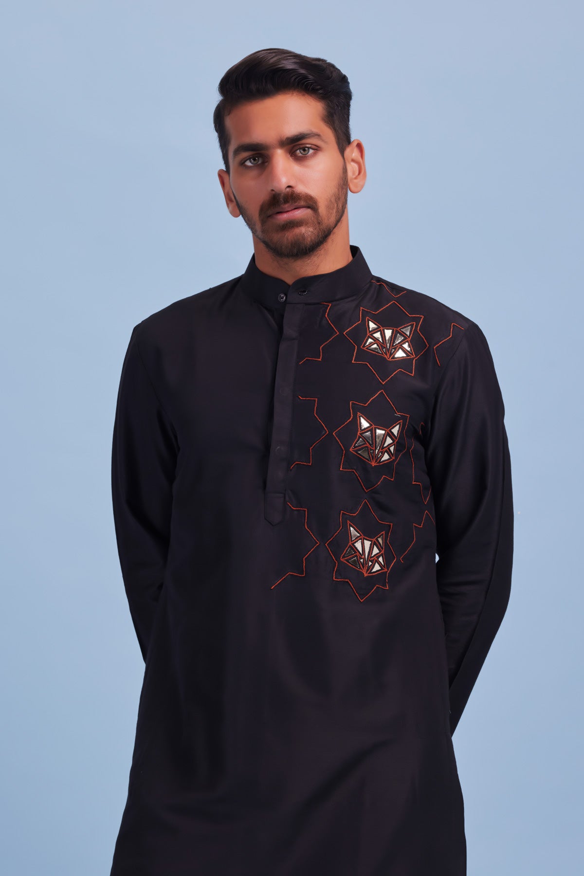 Black Fauna Acrylic and Thread Embroidered Kurta With Black Pants