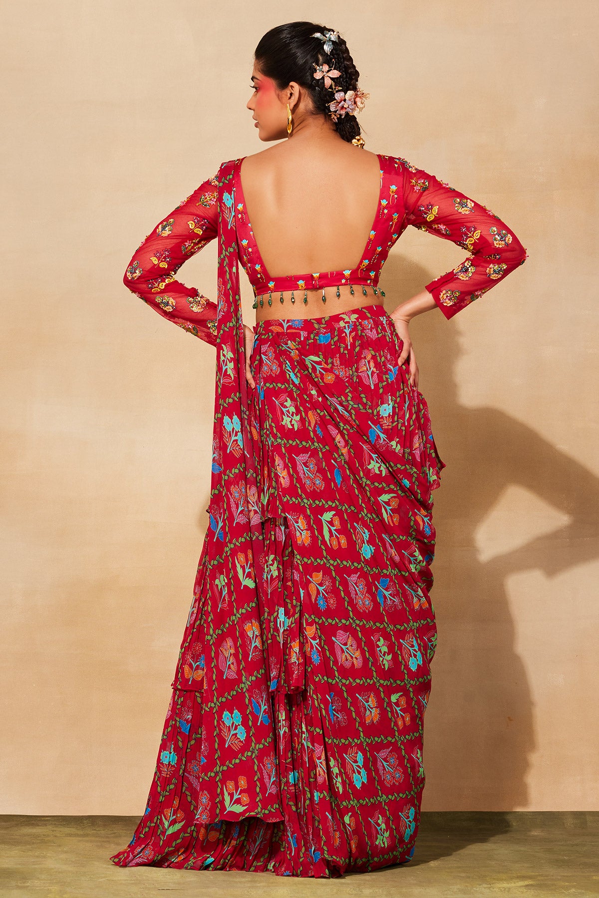 CRIMSON RED PRINT & EMBROIDERED SAREE SET