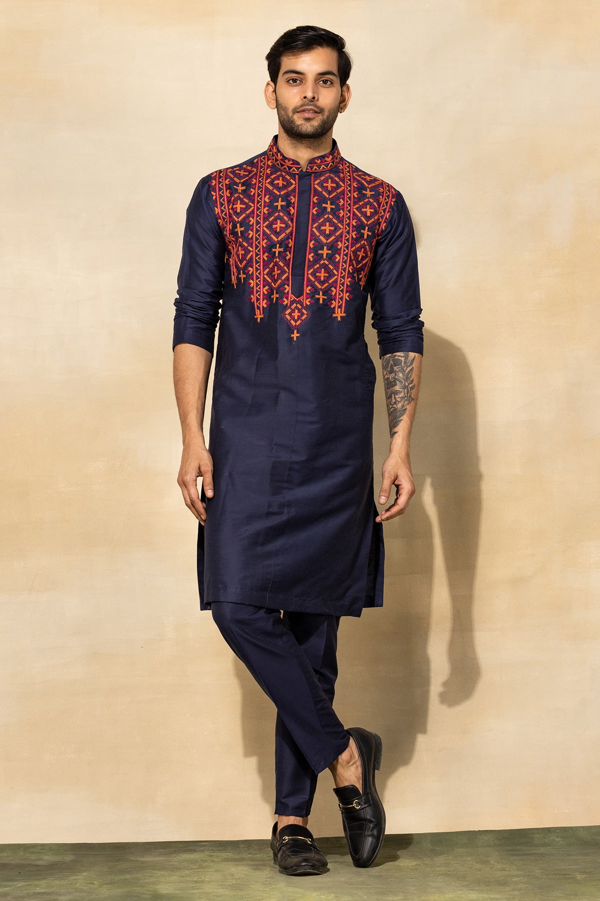 DARK BLUE TRIBAL EMBROIDERED KURTA