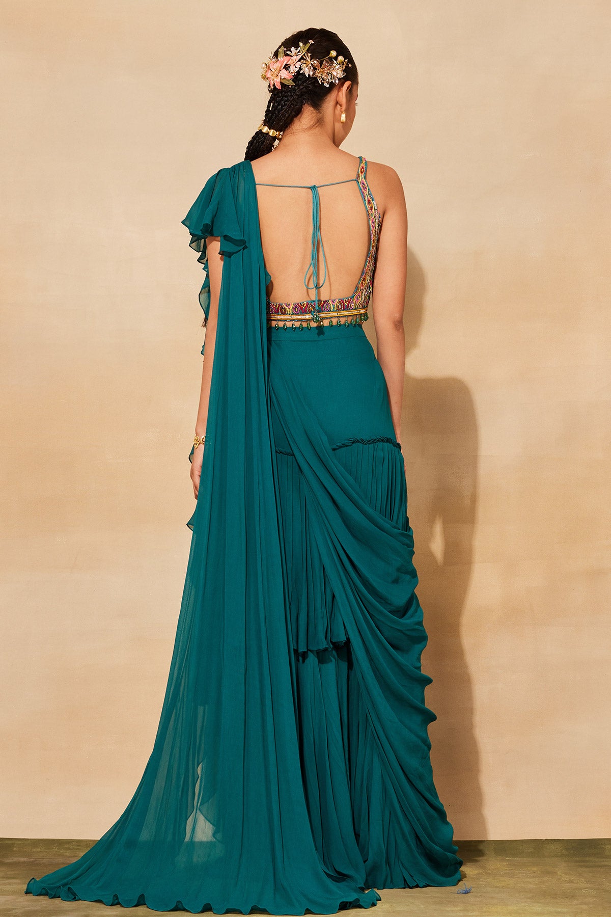 TEAL BLUE FEATHER MIX EMBROIDERED SAREE SET