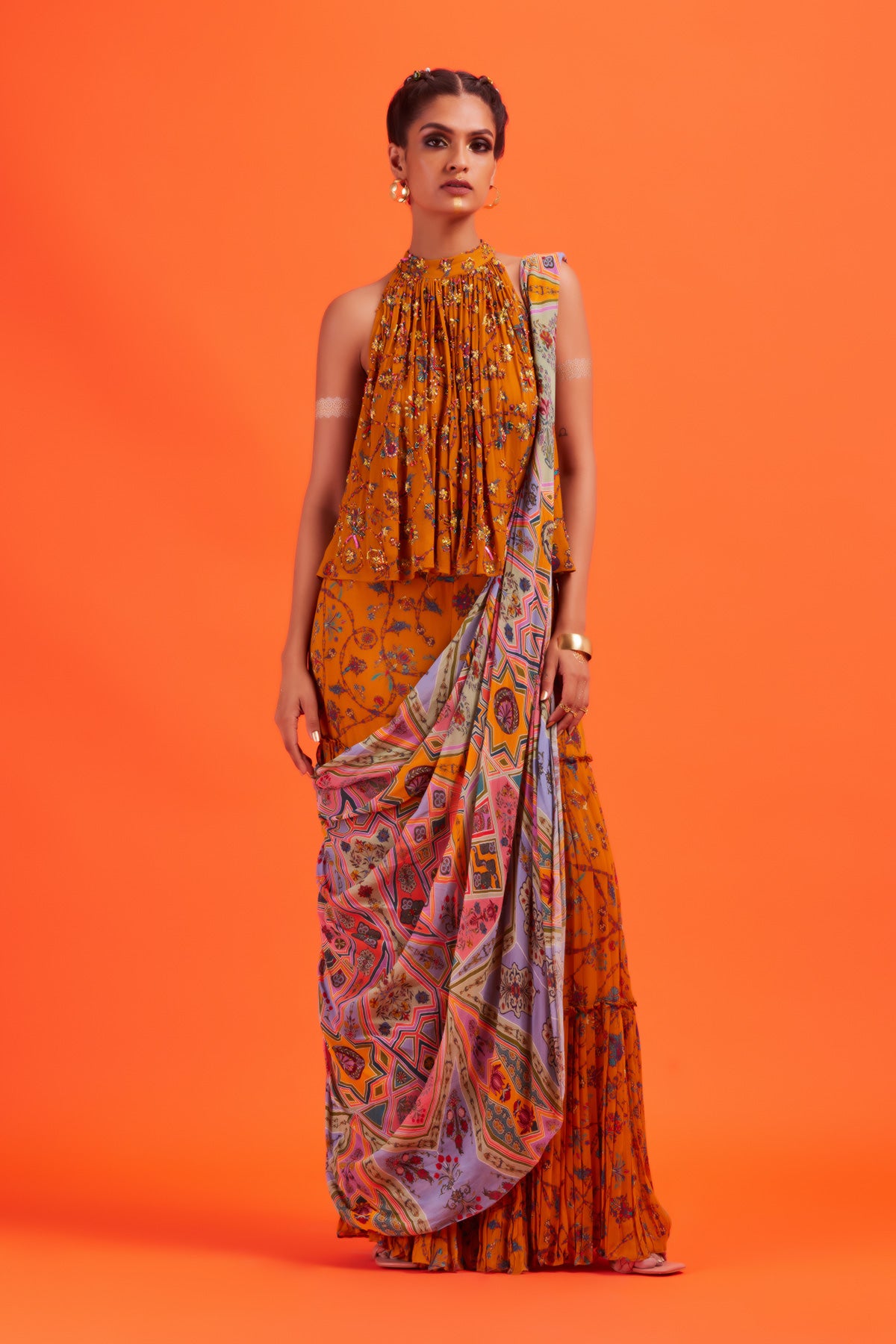 Yellow Flared Top With Bale Printed Gharara Sari