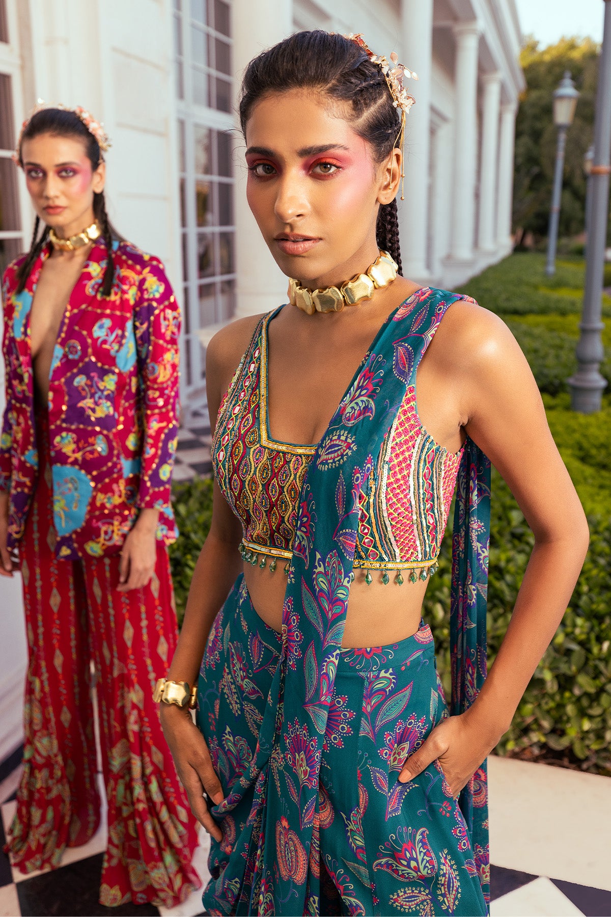 TEAL BLUE FEATHER MIX EMBROIDERED & PRINTED SAREE SET