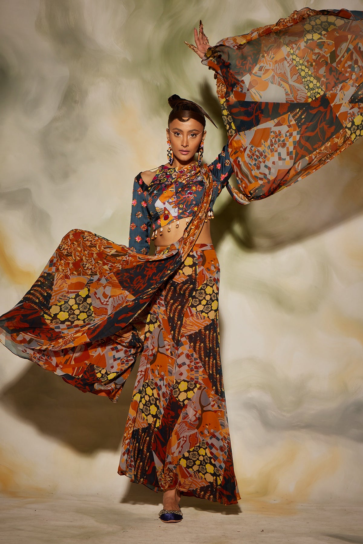 Brown & rust aztec print sharara saree with butta print