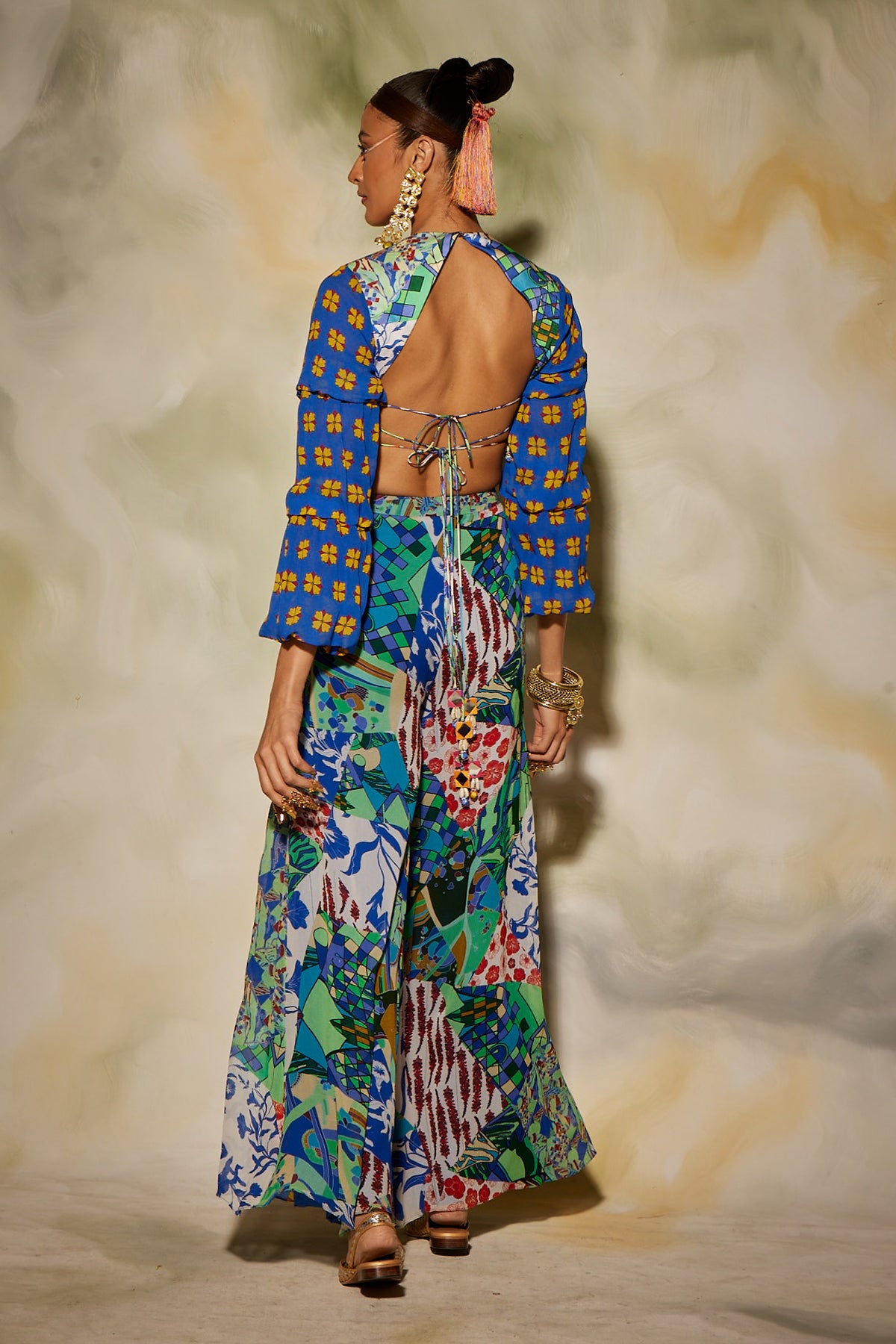 Blue Aztec Print Crop Top & Pant Set