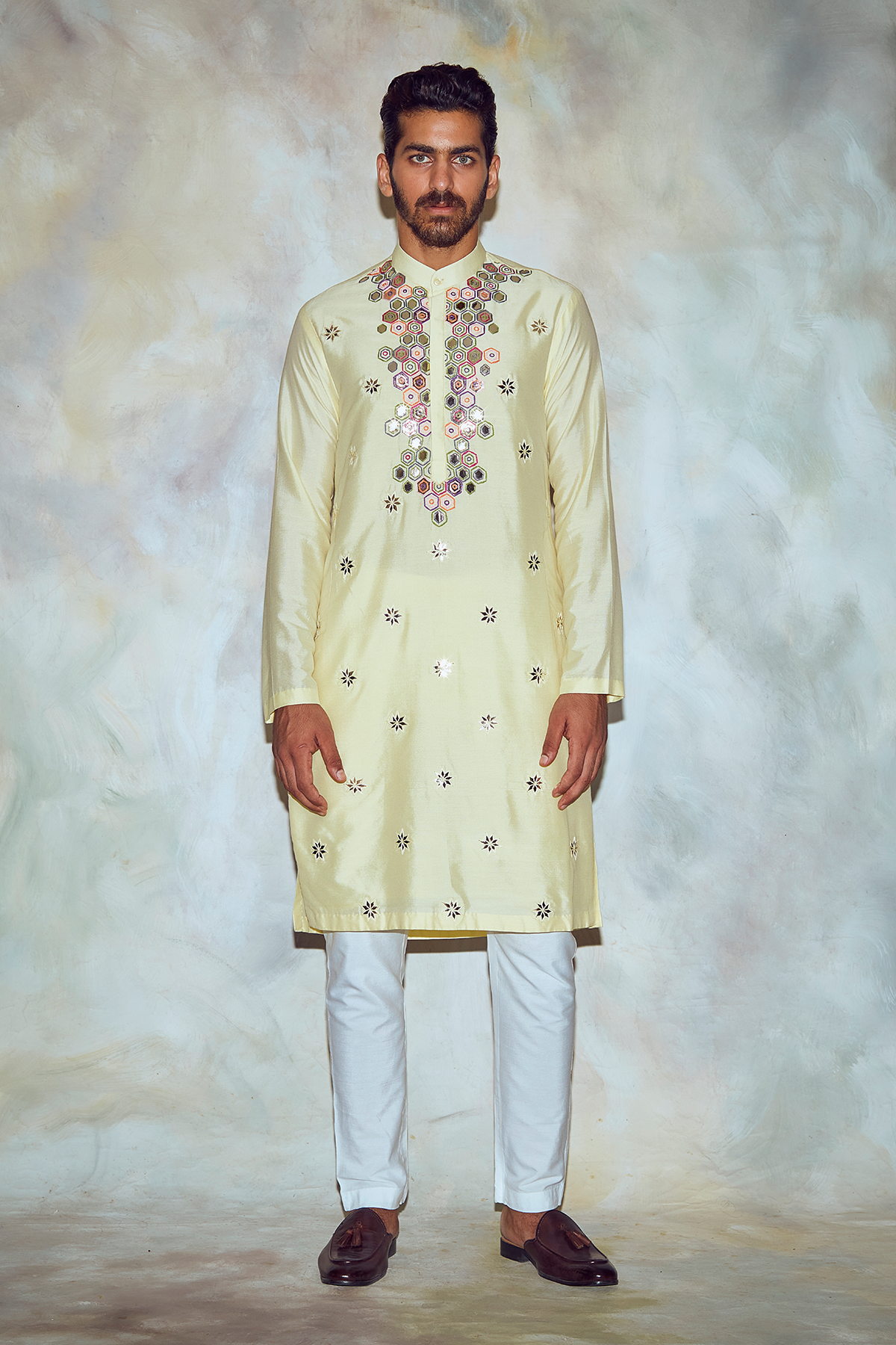 Yellow Hexagon Embroidered Kurta
