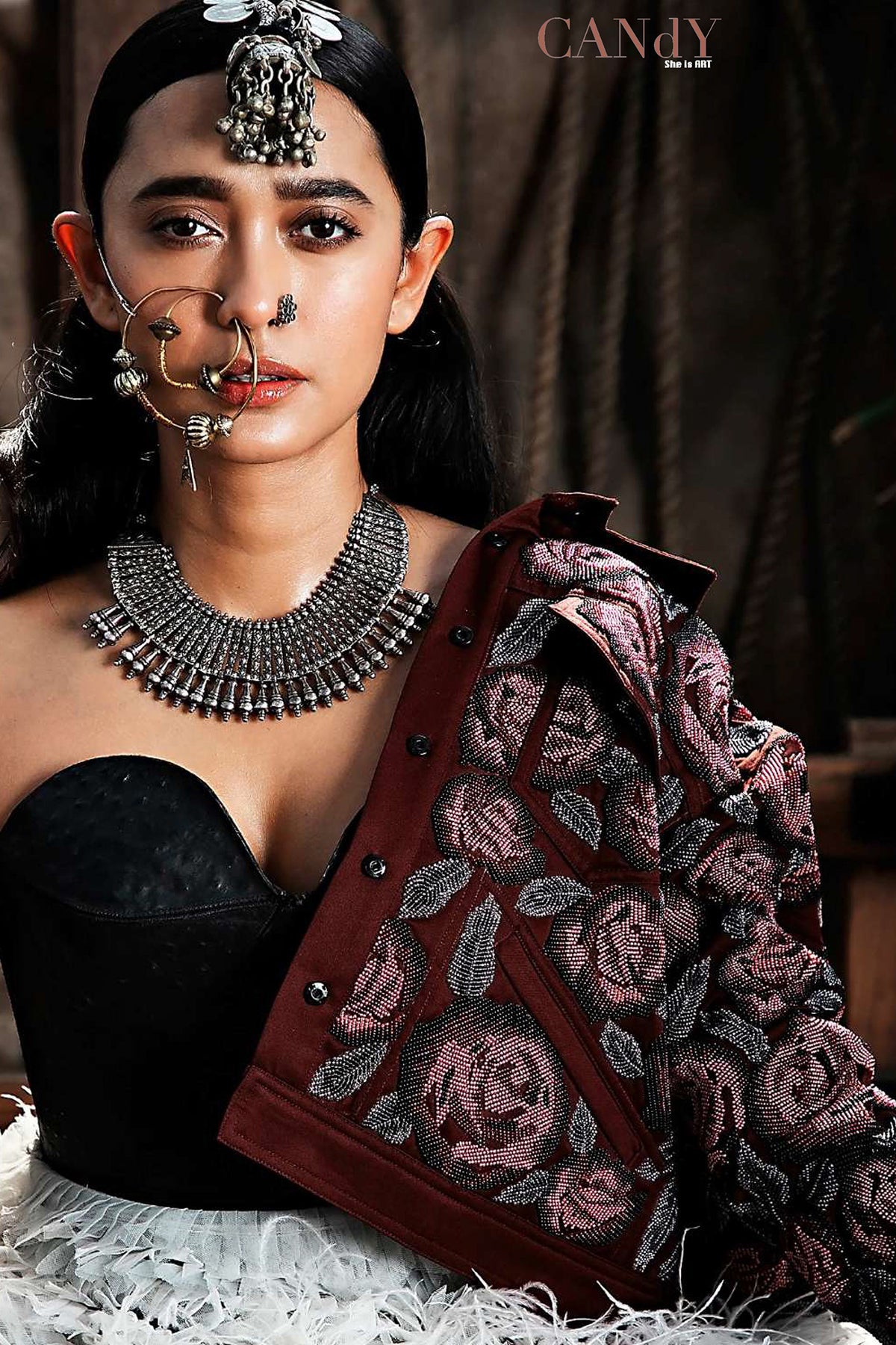 Sayani Gupta in Hand Embroidered Rosette Trucker Jacket