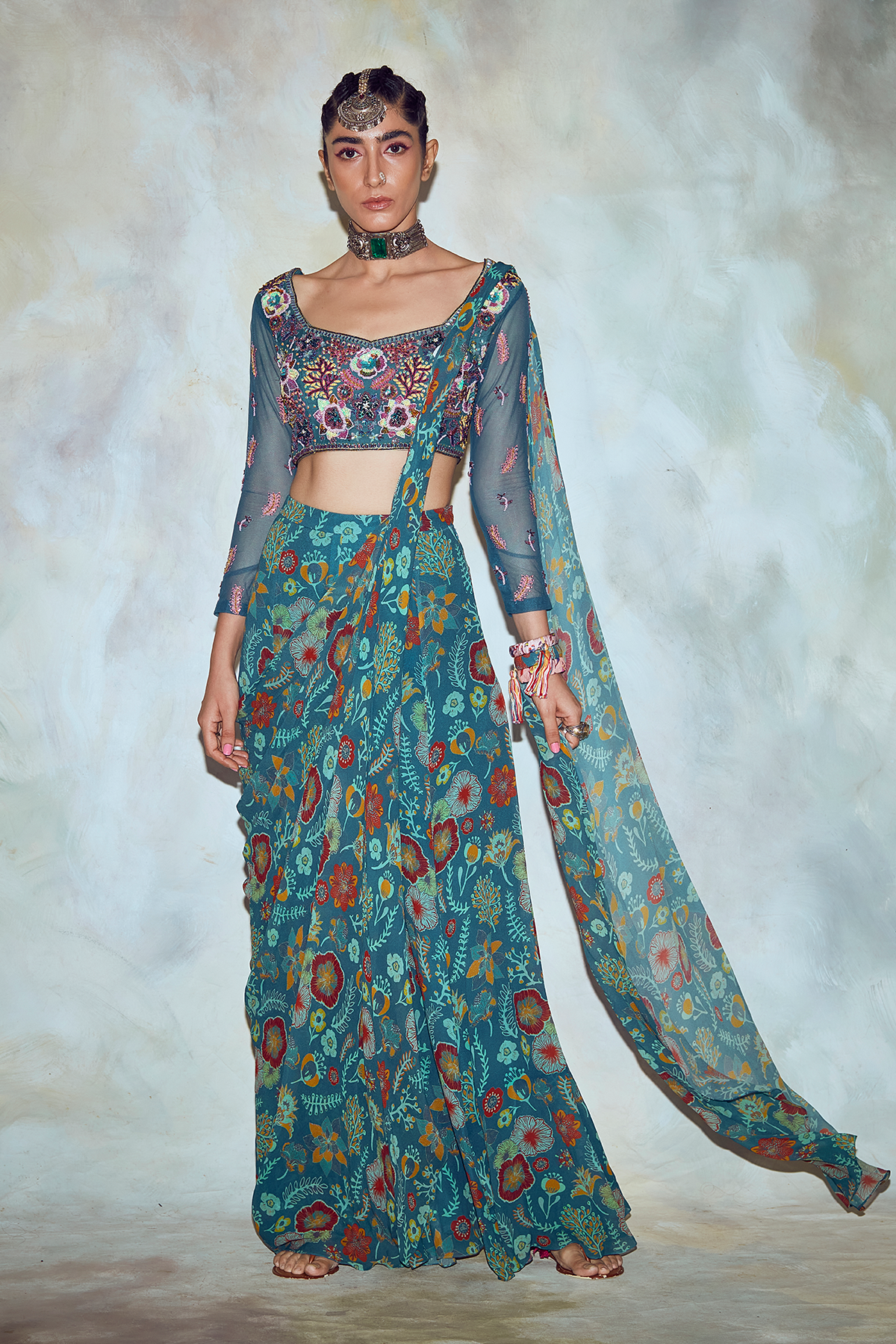 Teal Blue Mix Embroidered Saree Set