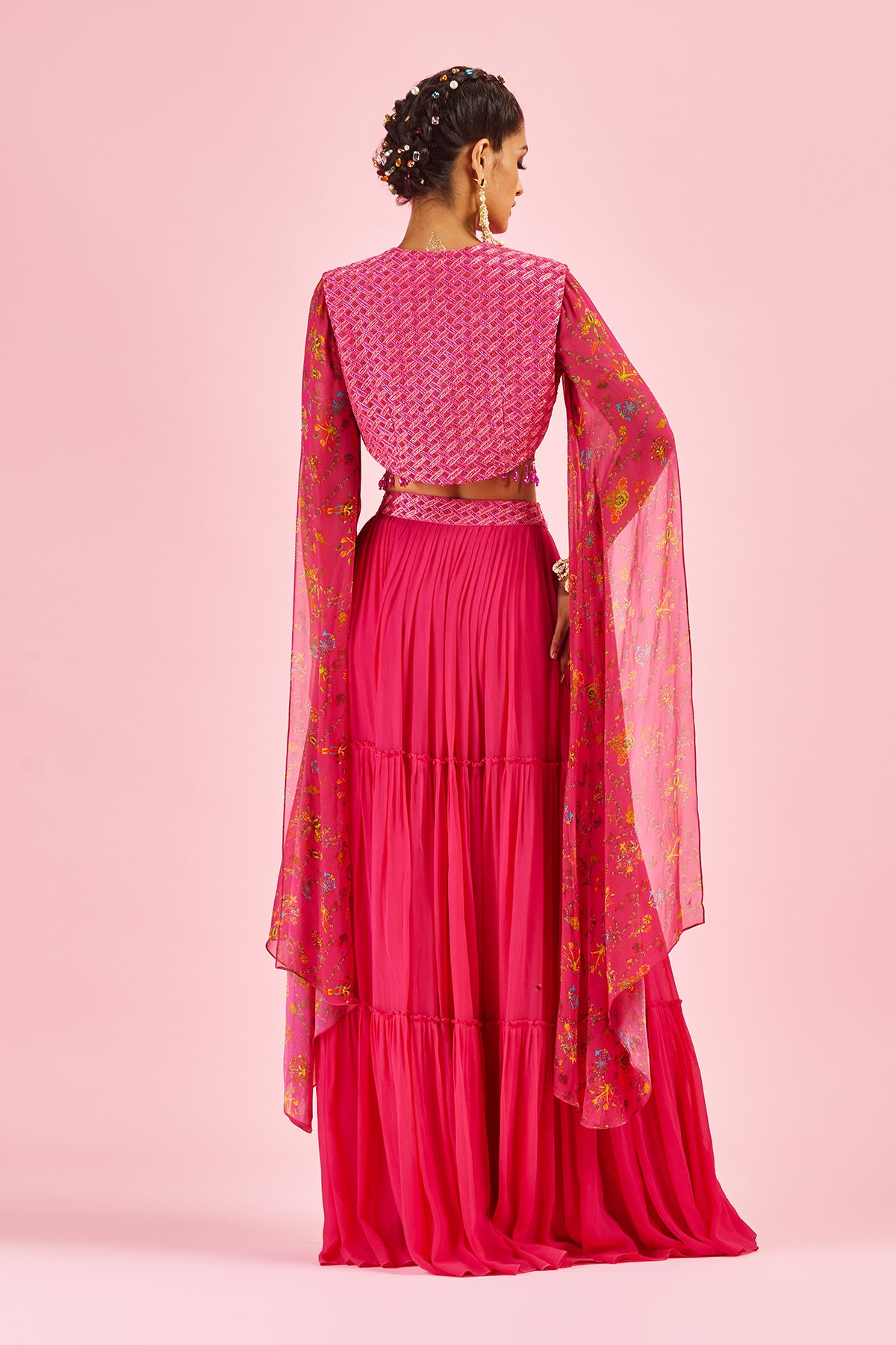 Fuchsia Pink Bustier With Crop Jacket & Solid Tiered Skirt