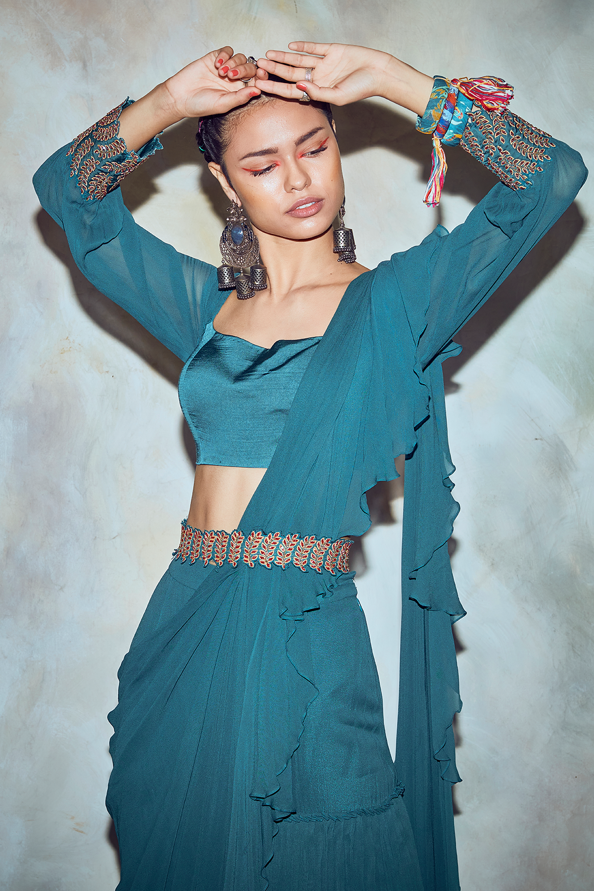 Teal Blue Sleeves Cuff Saree Set