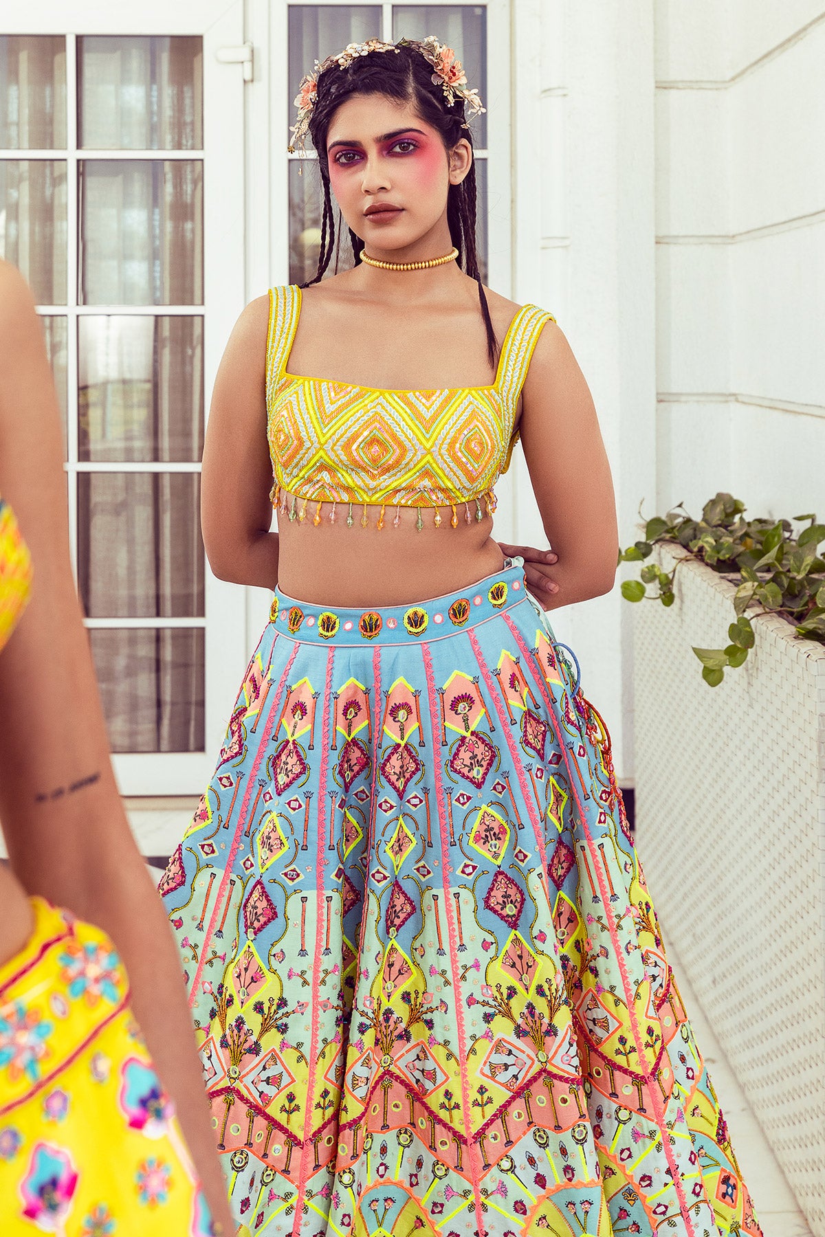 PASTEL YELLOW PRINT & EMBROIDERED LEHENGA SET