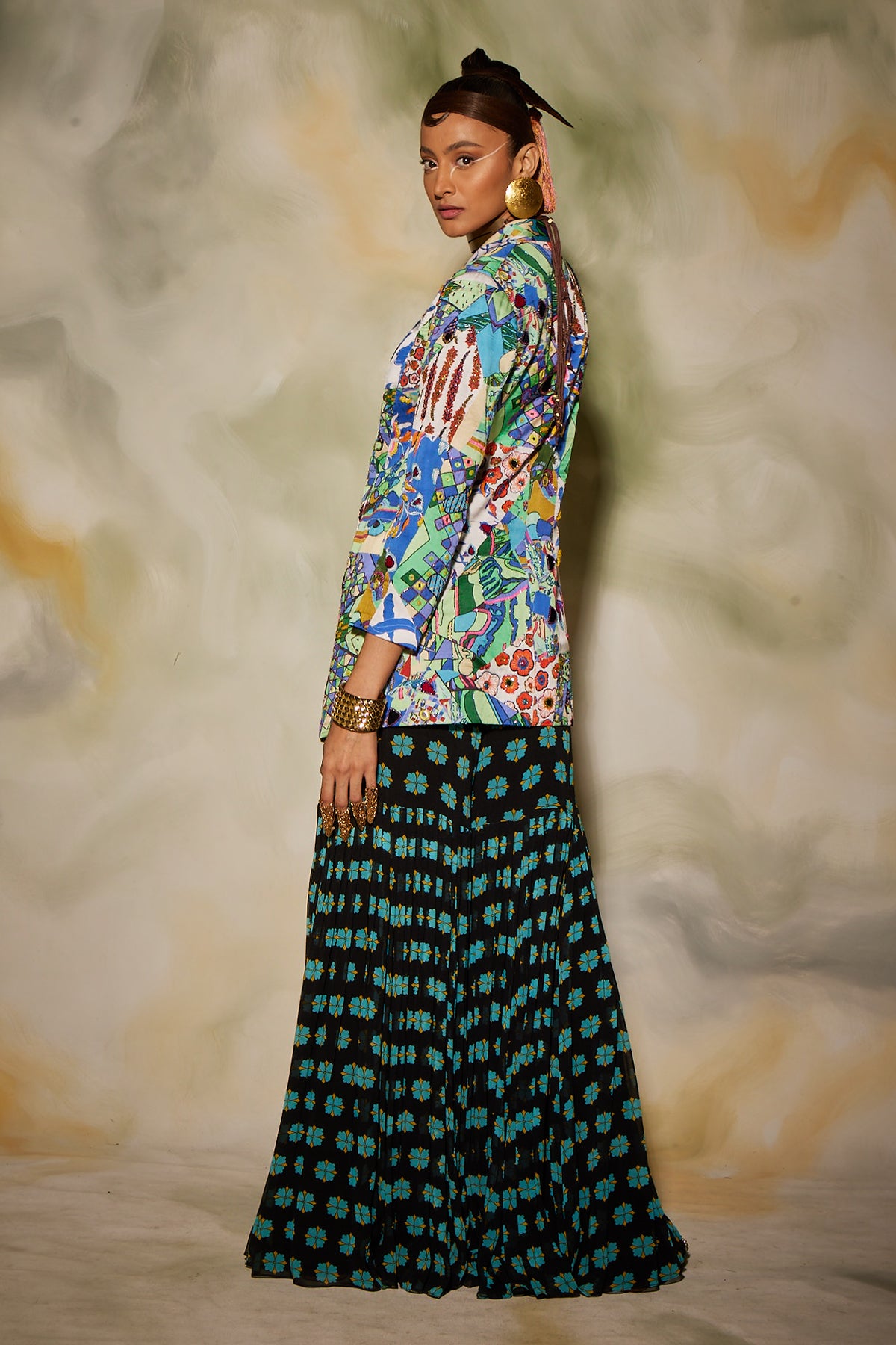 Blue Aztec Print Highlighted Blazer & Butta Printed Gharara Pant