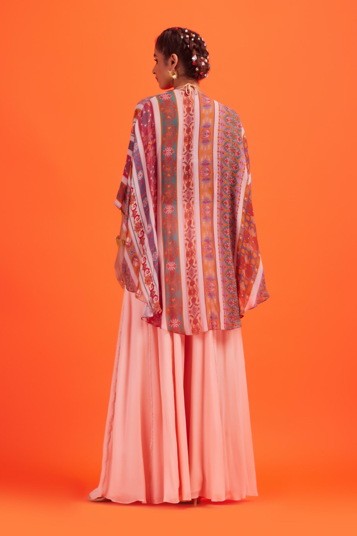 Peach Thread & Sequins Geometric Cape Set