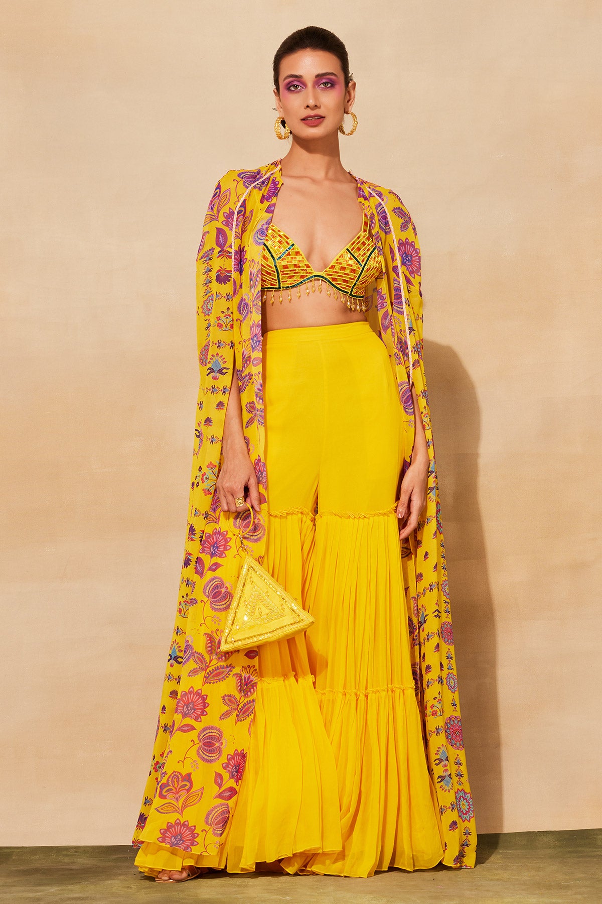 YELLOW PRINT & EMBROIDERED CAPE SET