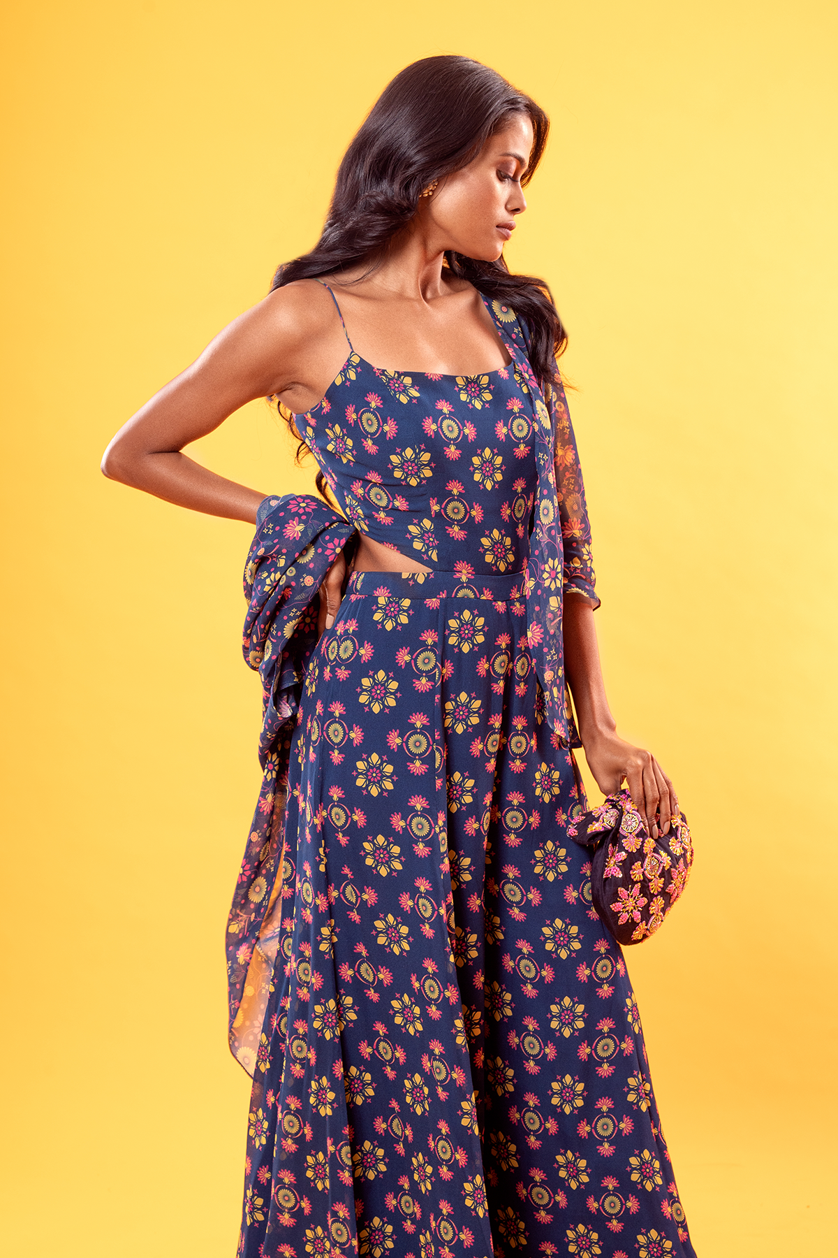 Blue Mix Butta Printed Jumpsuit With Jaal Printed Jacket & Embroidered Bag Belt