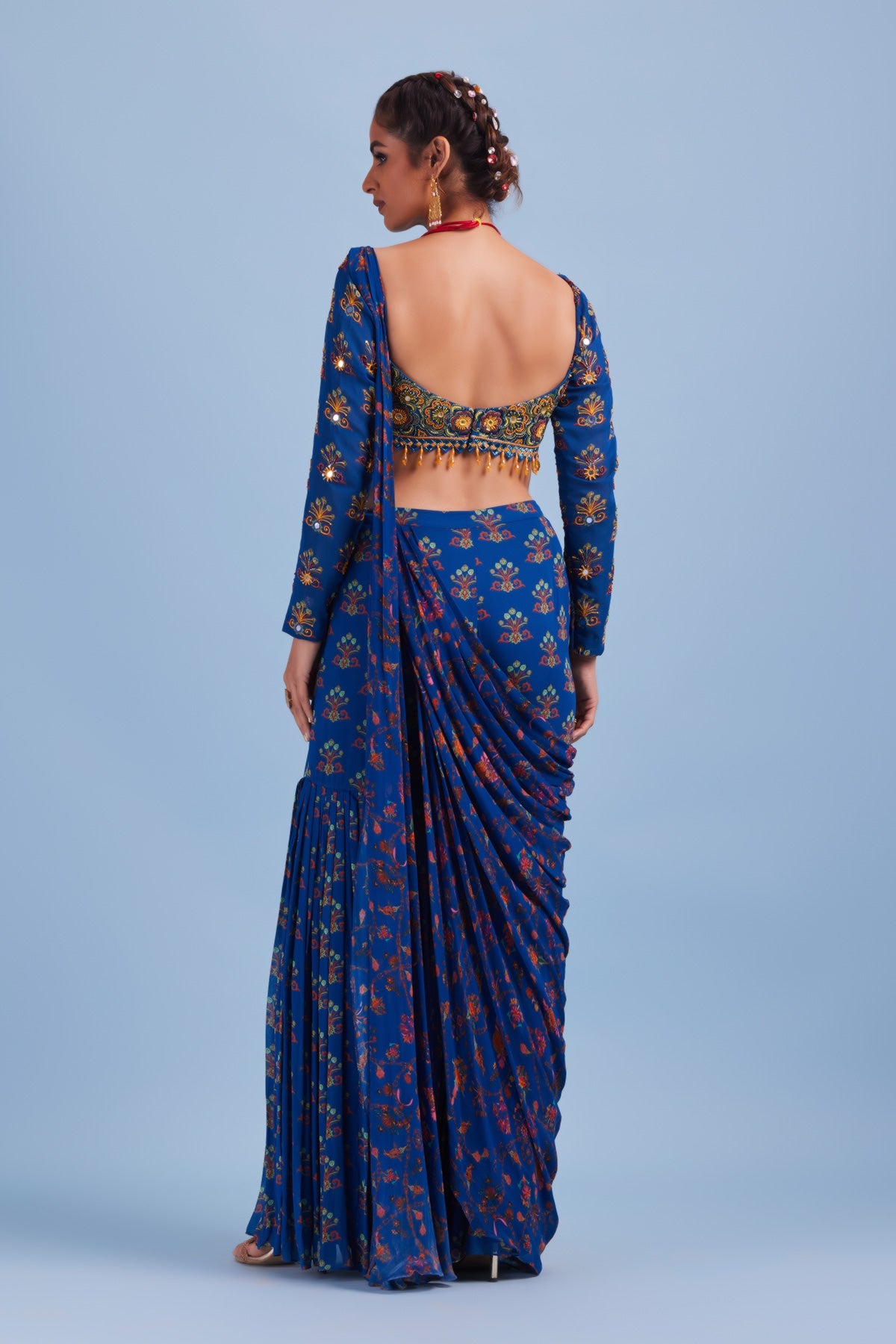Blue Cutdana Floral Embroidered Butta Gharara Pants Sari Set