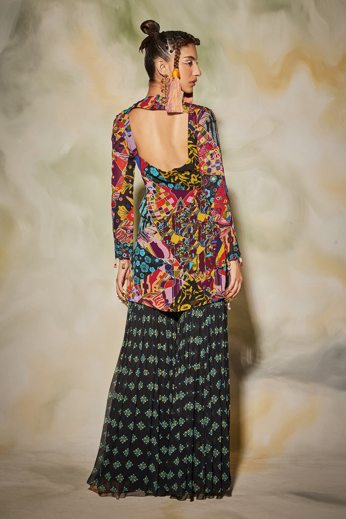 Yellow & Blue Aztec Print Kurti Gharara Set