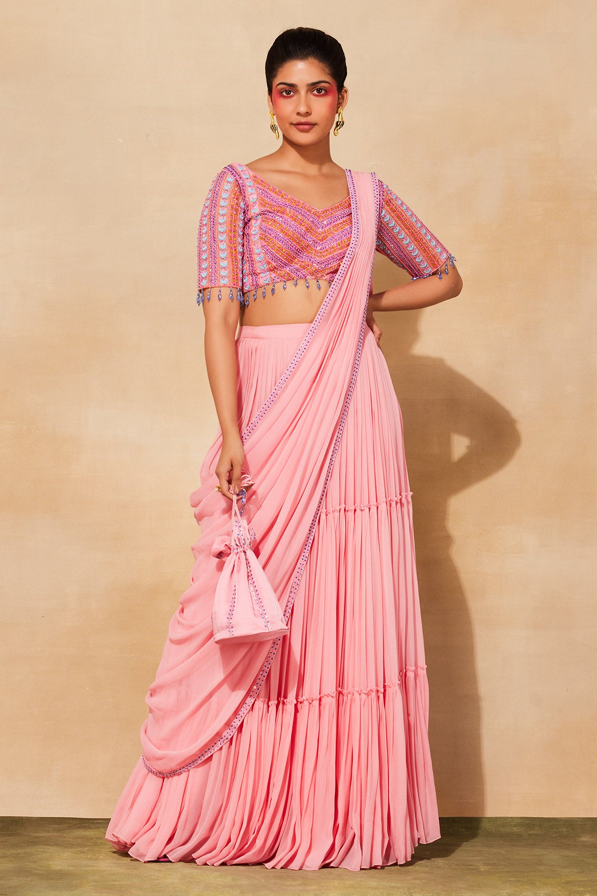 BLUSH PINK LEAF EMBROIDERED SAREE SET