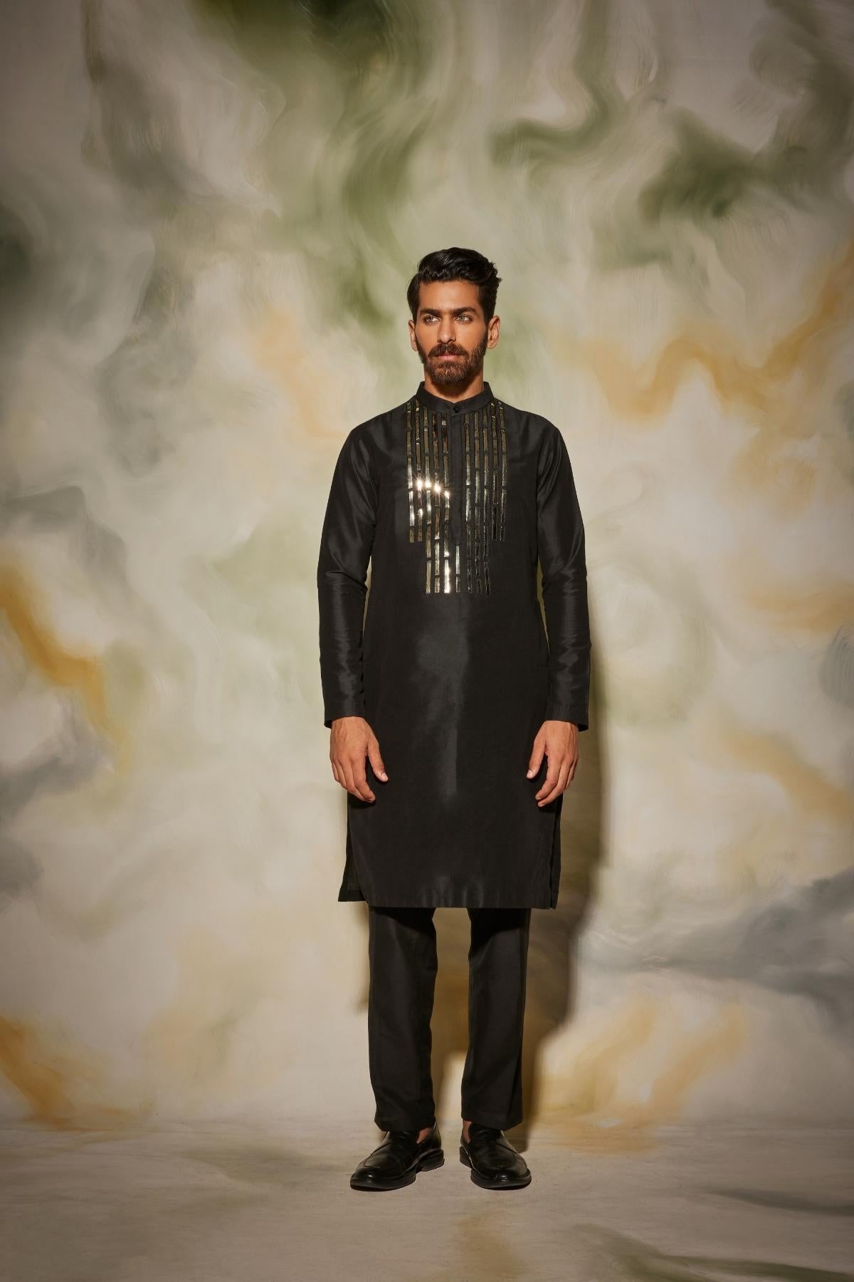 Black Acrylic Matted Yoke embroidered Kurta