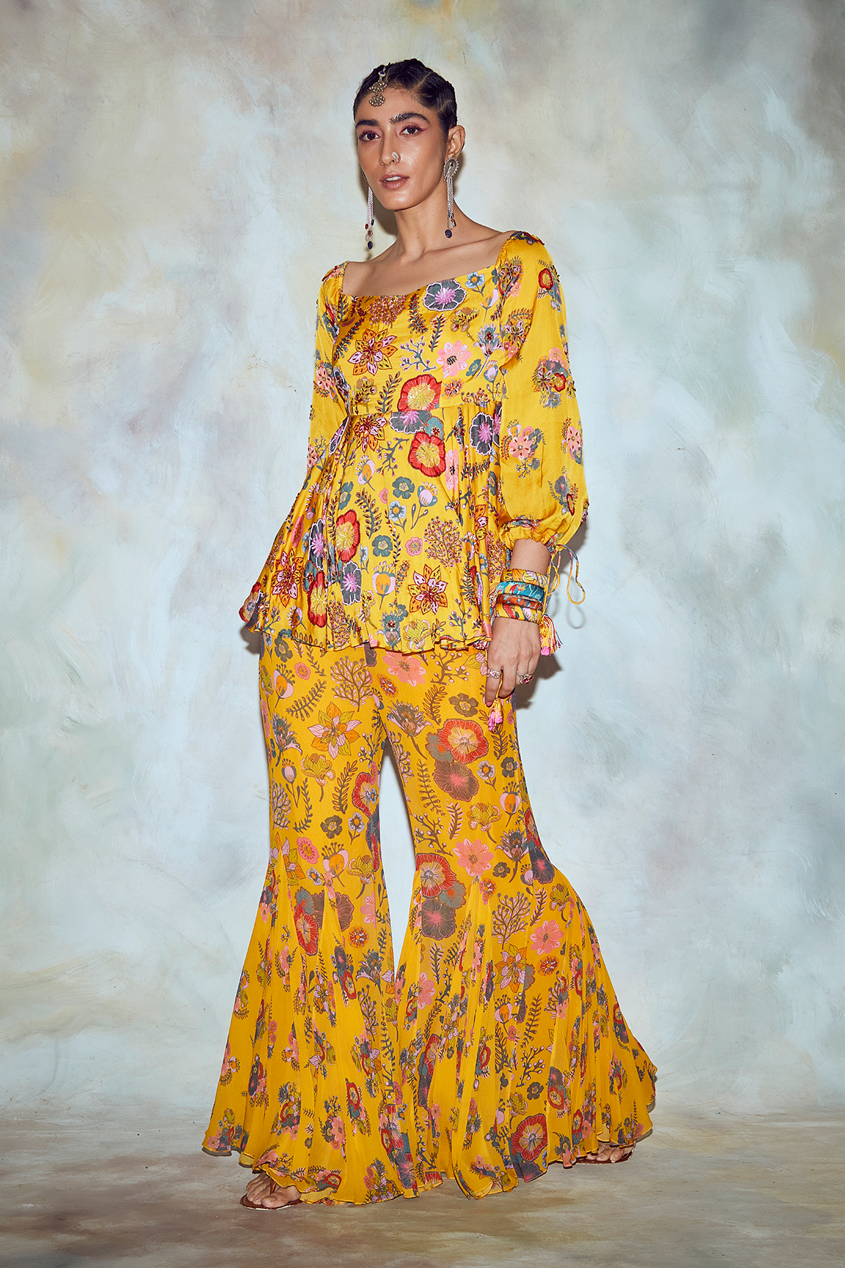 Yellow Jaal Print Peplum Pant