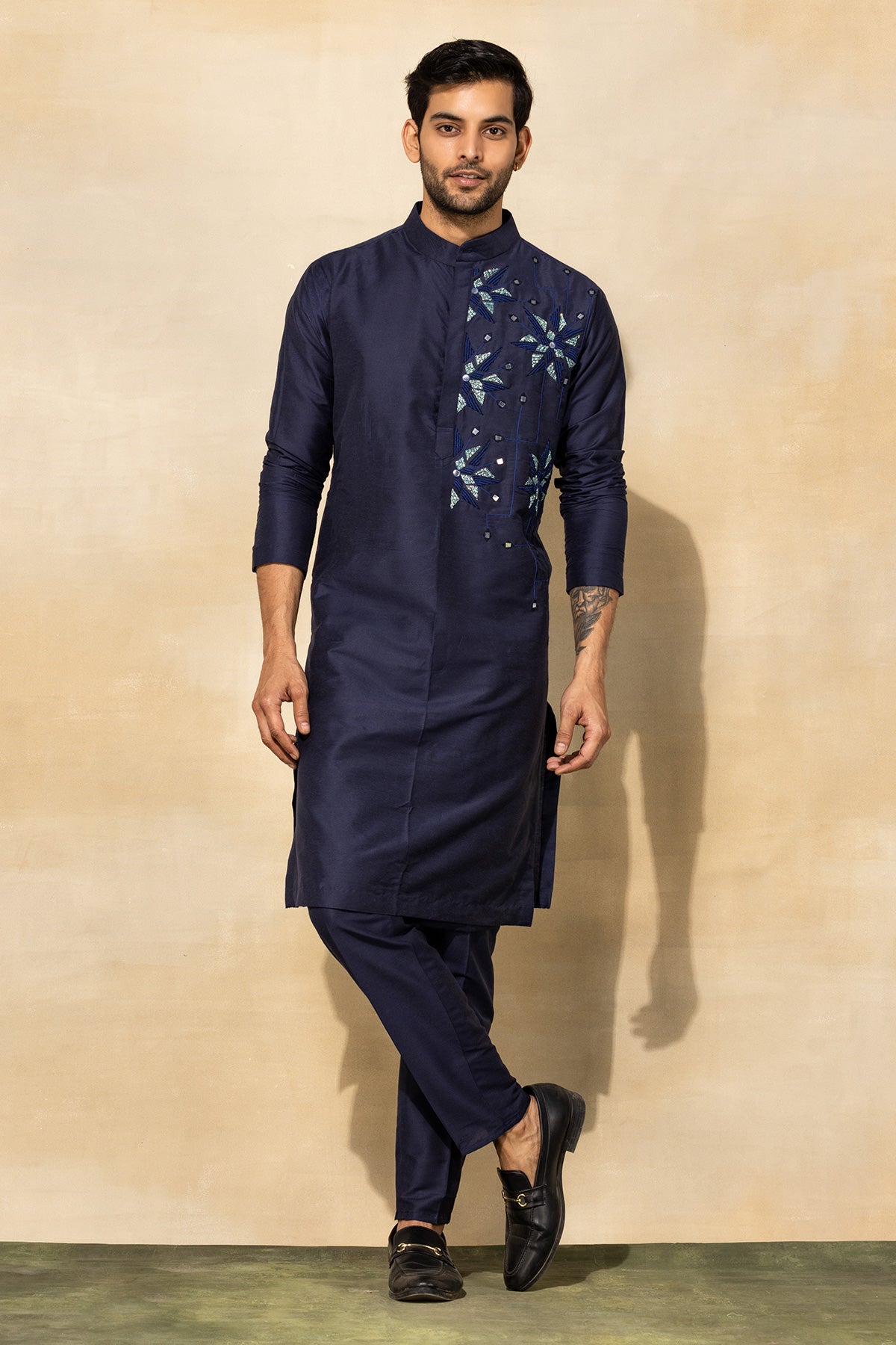 DARK BLUE FLORAL EMBROIDERED KURTA