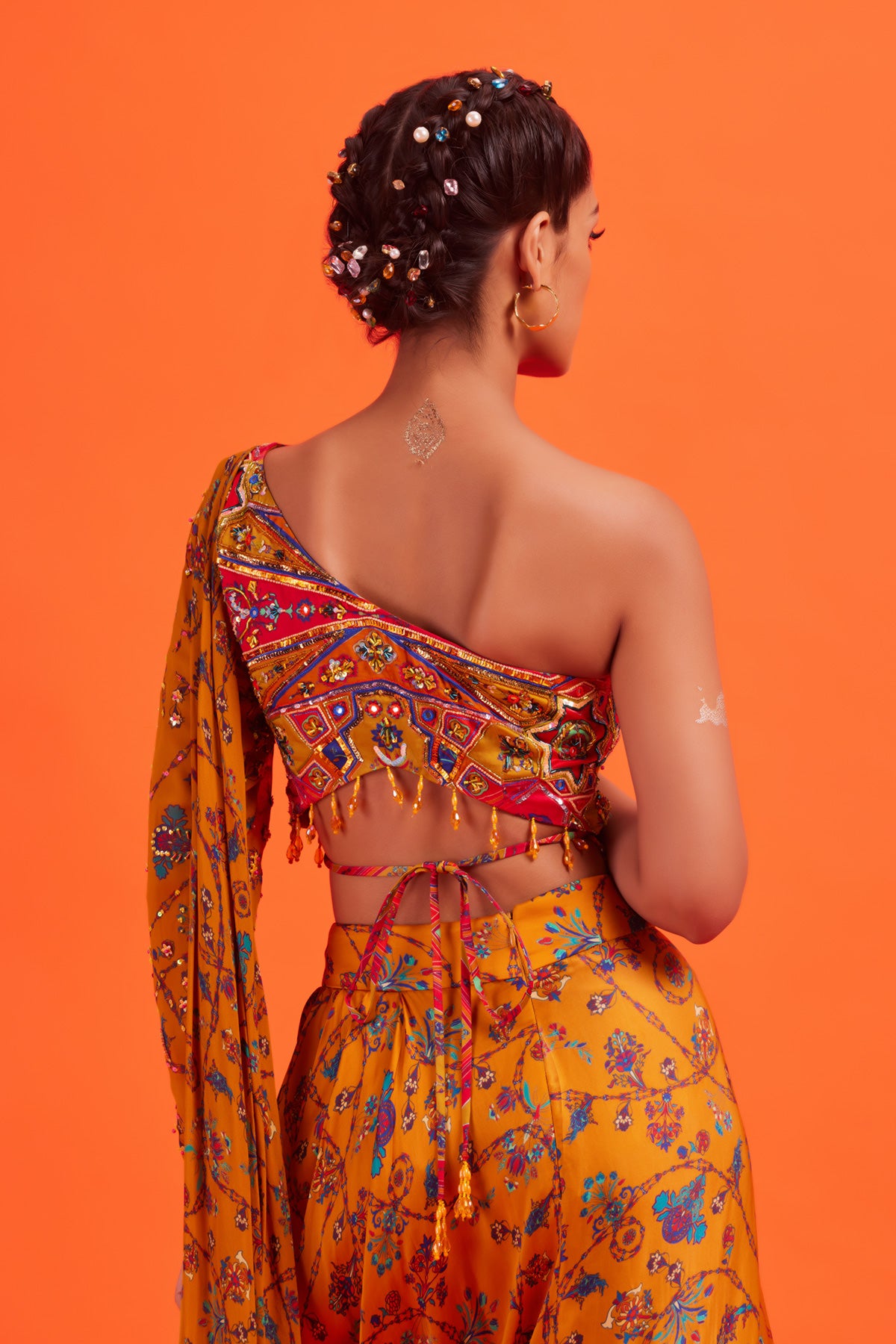 Yellow One Off Shoulder Crop Top With Dhoti Skirt