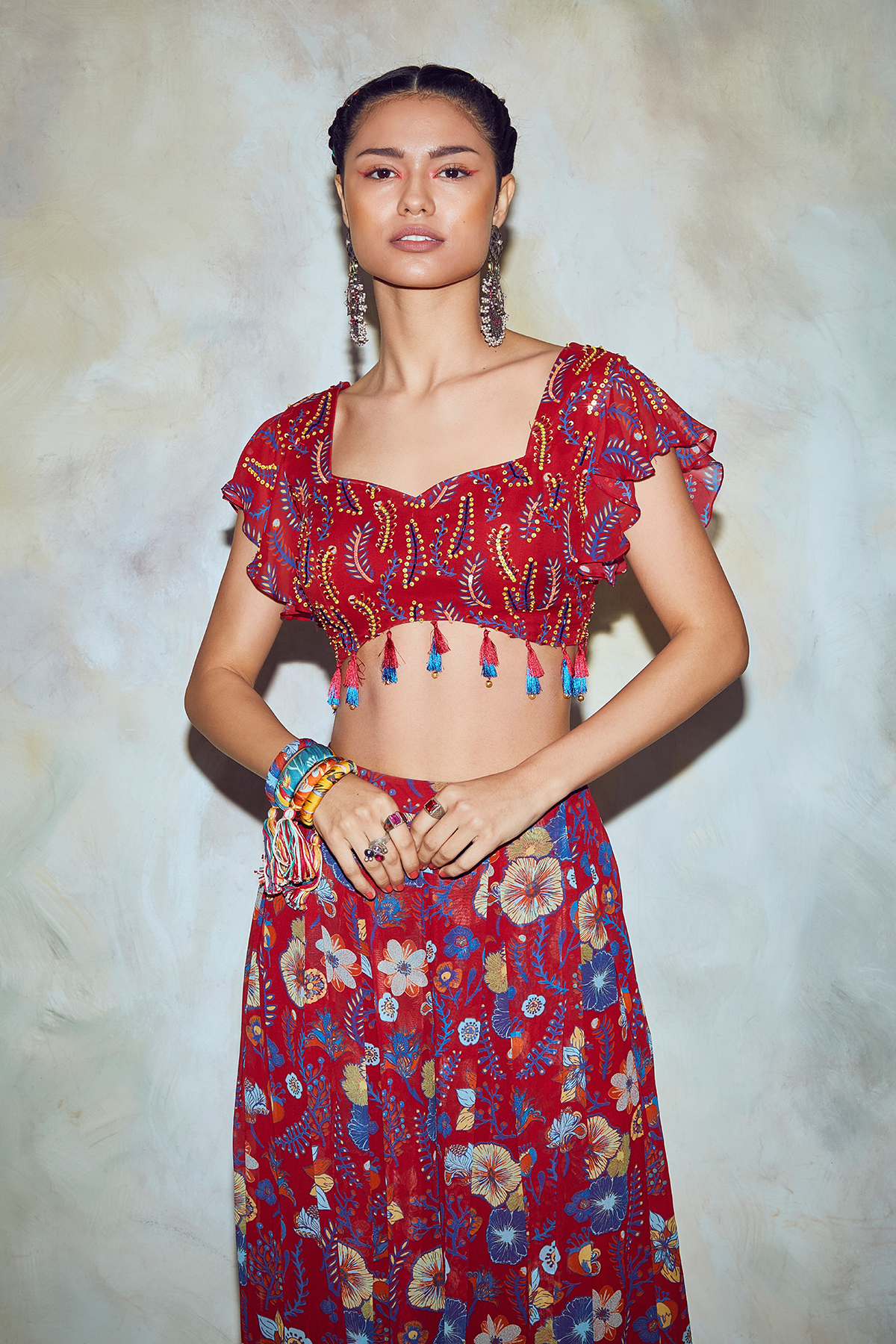 Crimson Red Leaf Print Crop Top Set