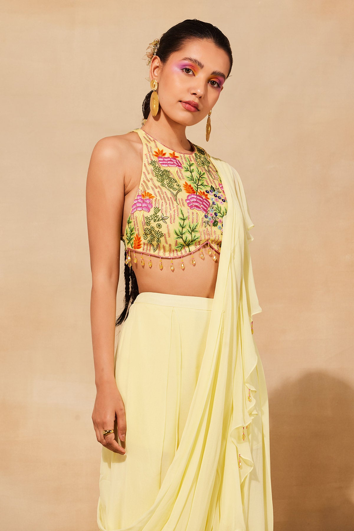 PASTEL YELLOW FLORAL EMBROIDERED SAREE SET