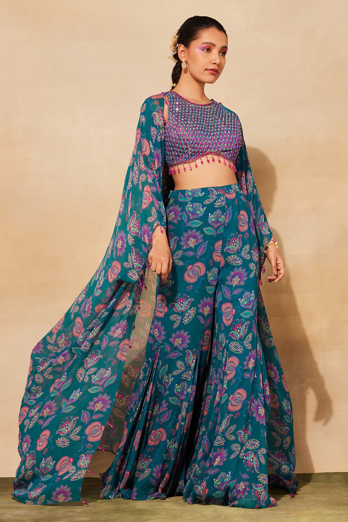 TEAL BLUE EMBROIDERED & PRINTED CAPE SET