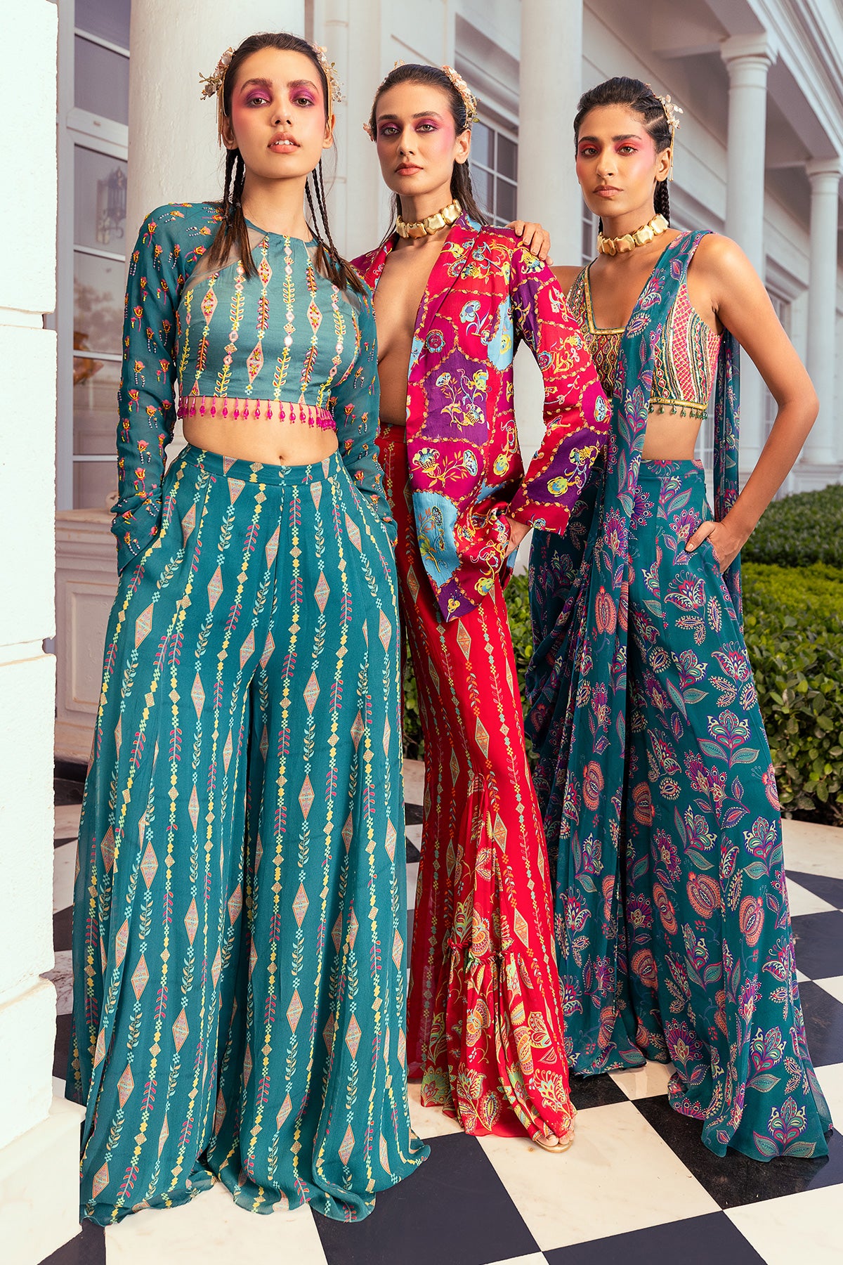 TEAL BLUEPRINT & EMBROIDERED CROP TOP SET