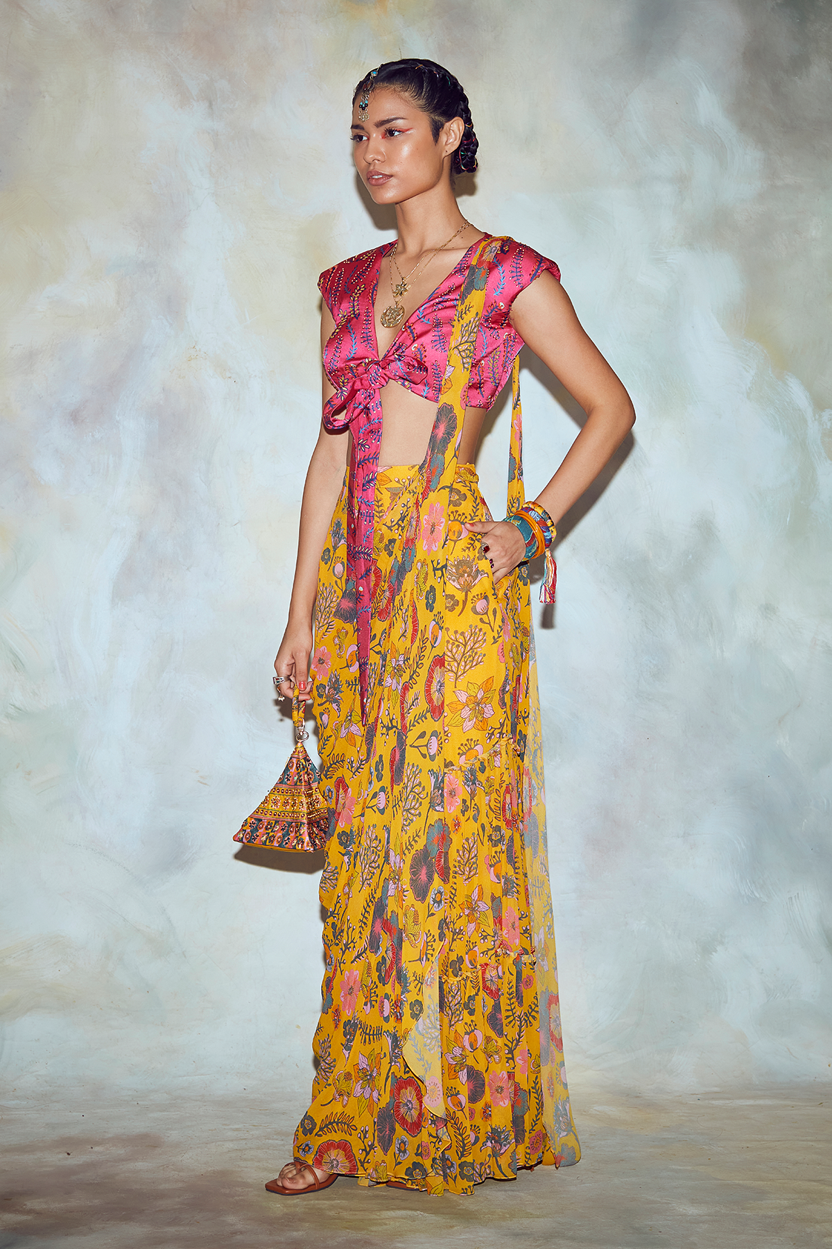 Fuschia Pink Leaf Print Saree Set