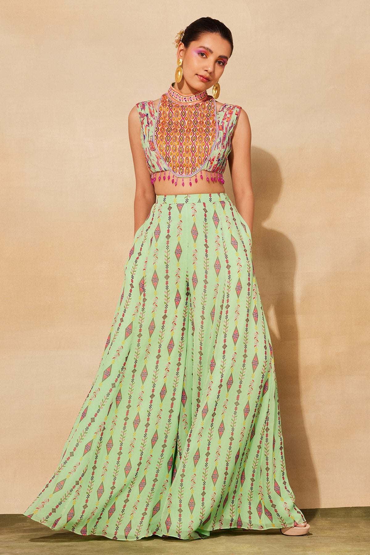 MINT GREEN PRINT & EMBROIDERED CROP TOP SET