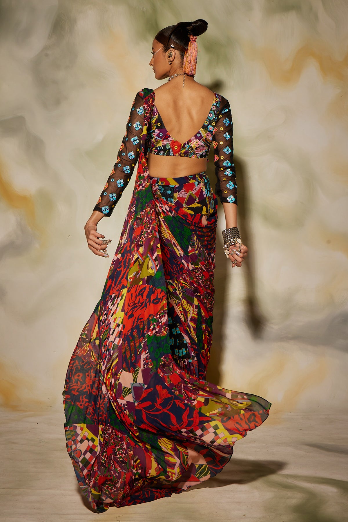 Puprle Butta Print Block Gharara Saree Set With Potali Bag