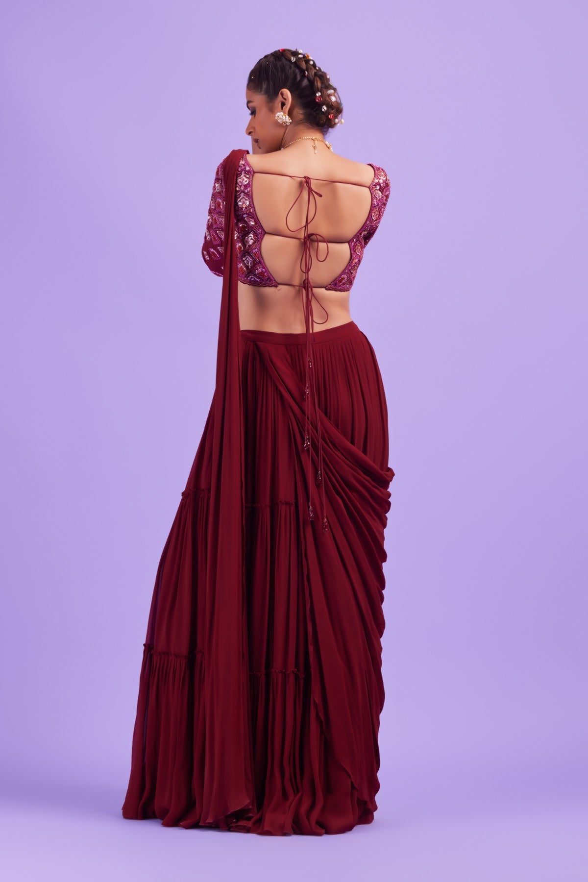 Deep Red Self on Self Scallop Embroidered Blouse with Sari Set