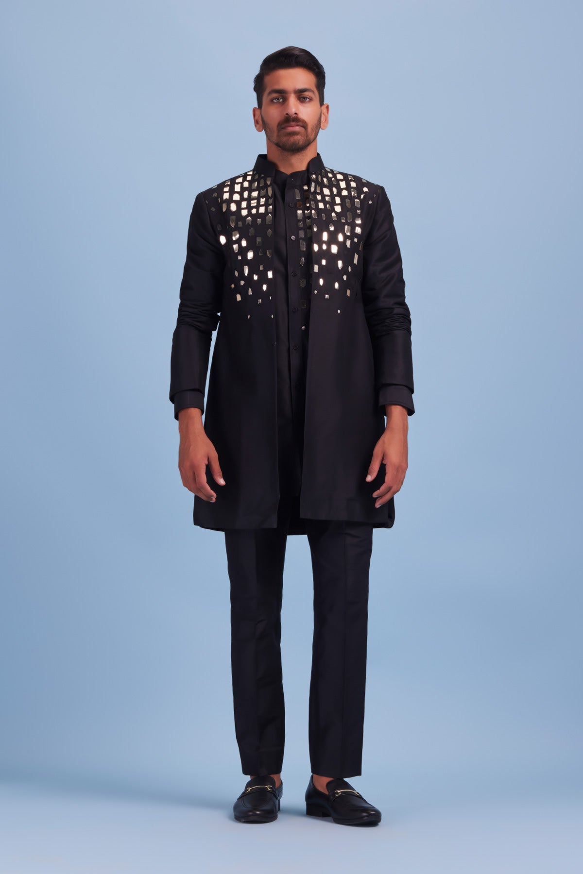 Black Acrylic and Thread  Embroidered Dropdown Kurta Shirt With Acrylic and Thread Embroidered Front Open Jacket With Black Pants