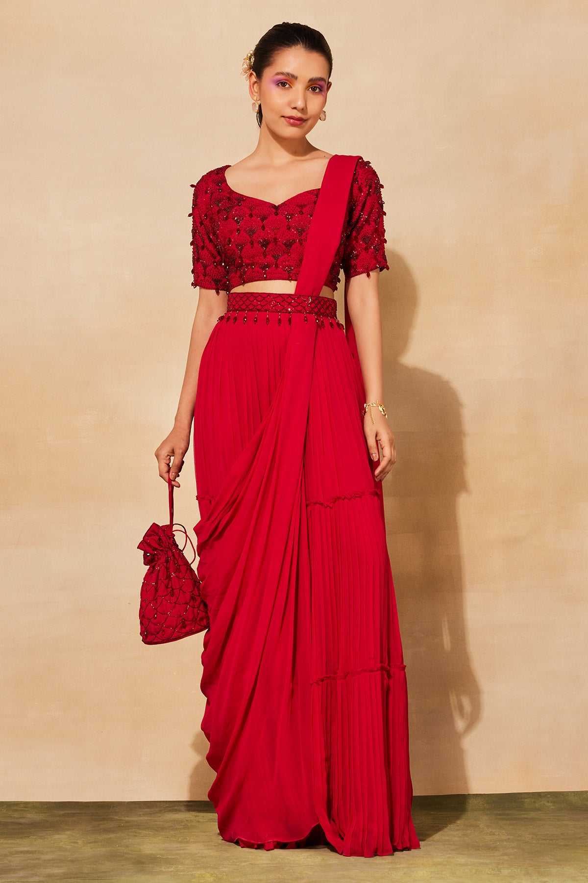 CRIMSON RED SCALLOP EMBROIDERED SAREE SET