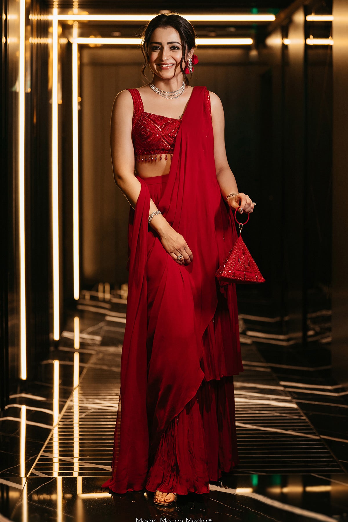 TRISHA KRISHNAN IN CRIMSON RED DIAMOND  EMBROIDERED SAREE SET